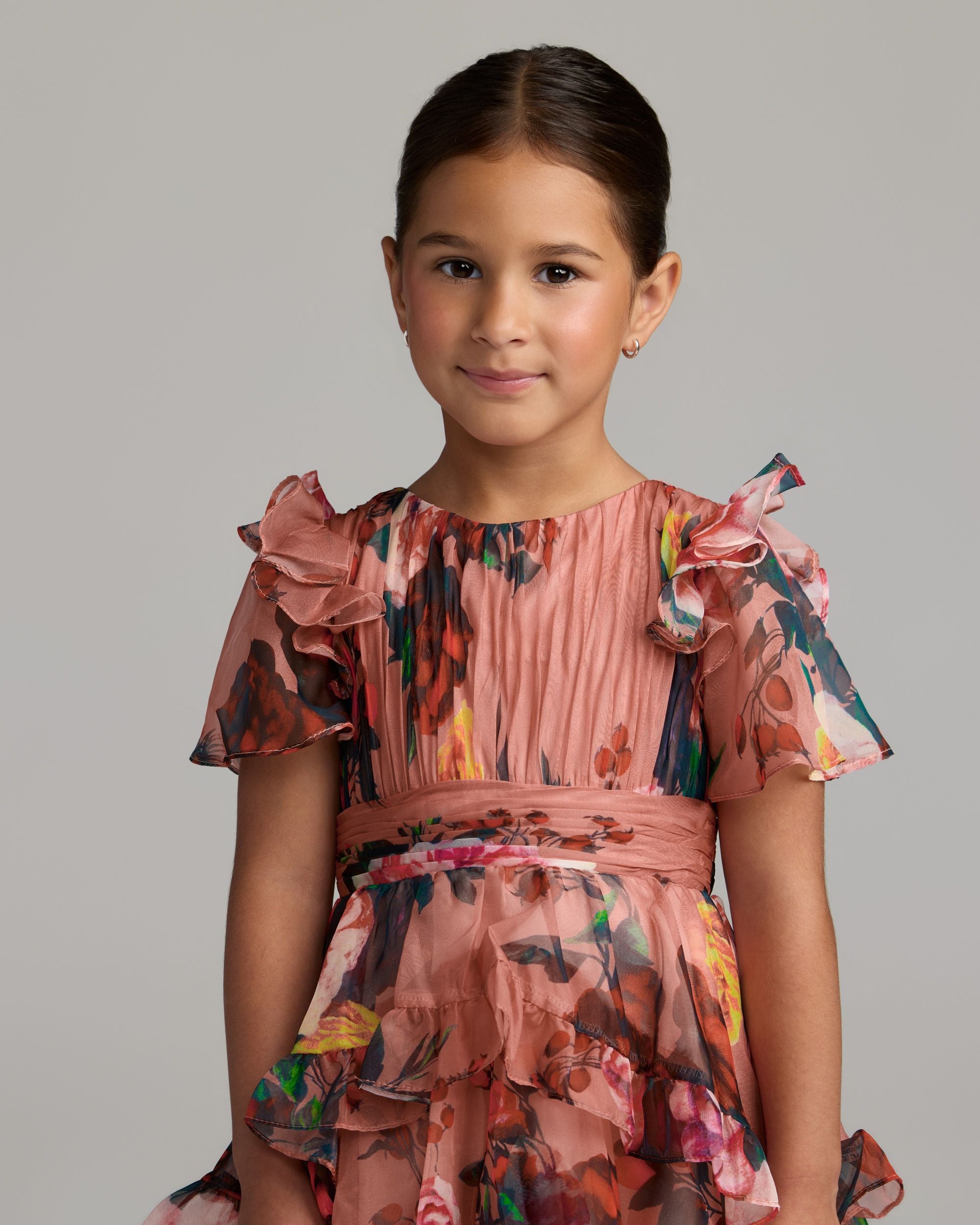 Girls Pink Floral Chiffon Tiered Ruffle Dress Mac Duggal