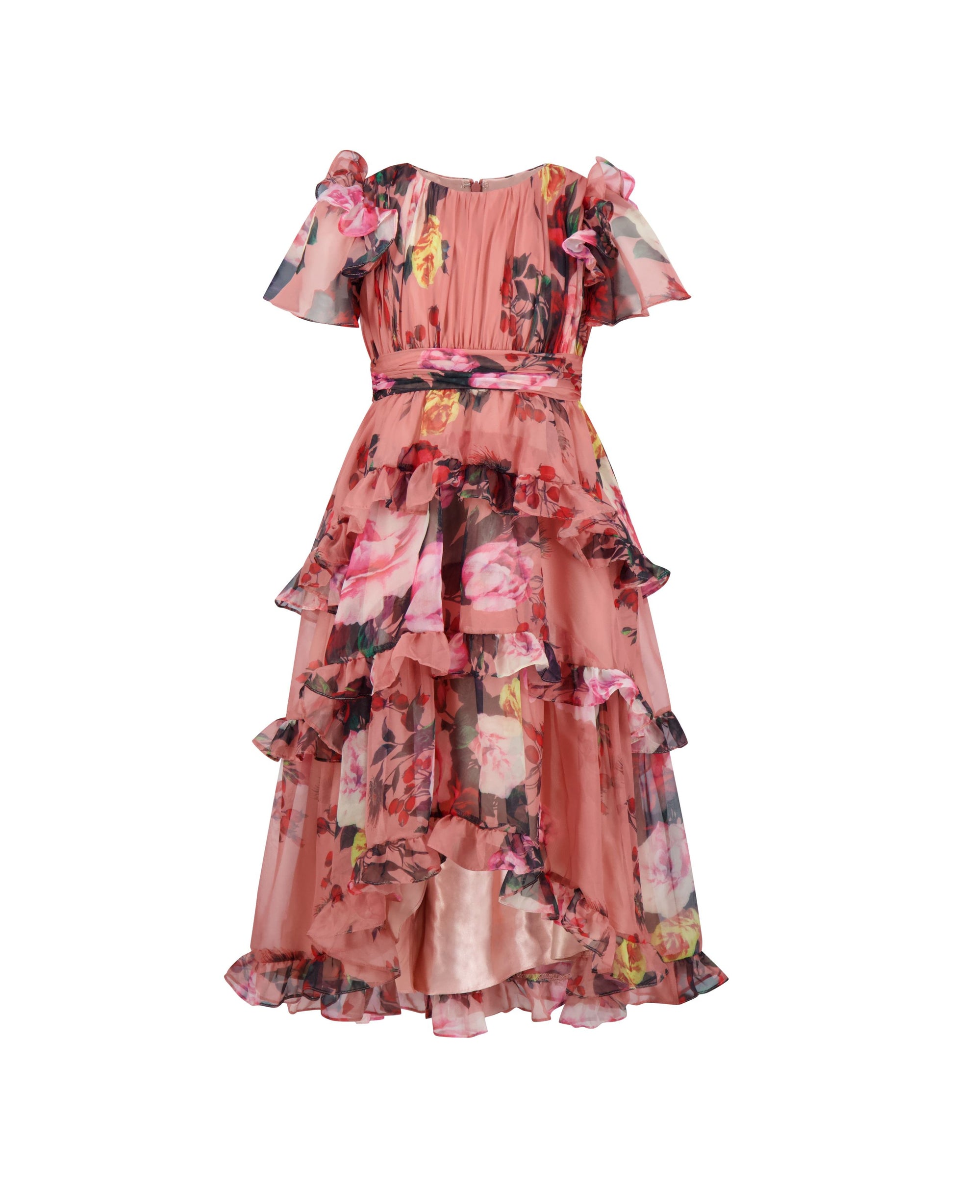 Girls Pink Floral Chiffon Tiered Ruffle Dress Mac Duggal
