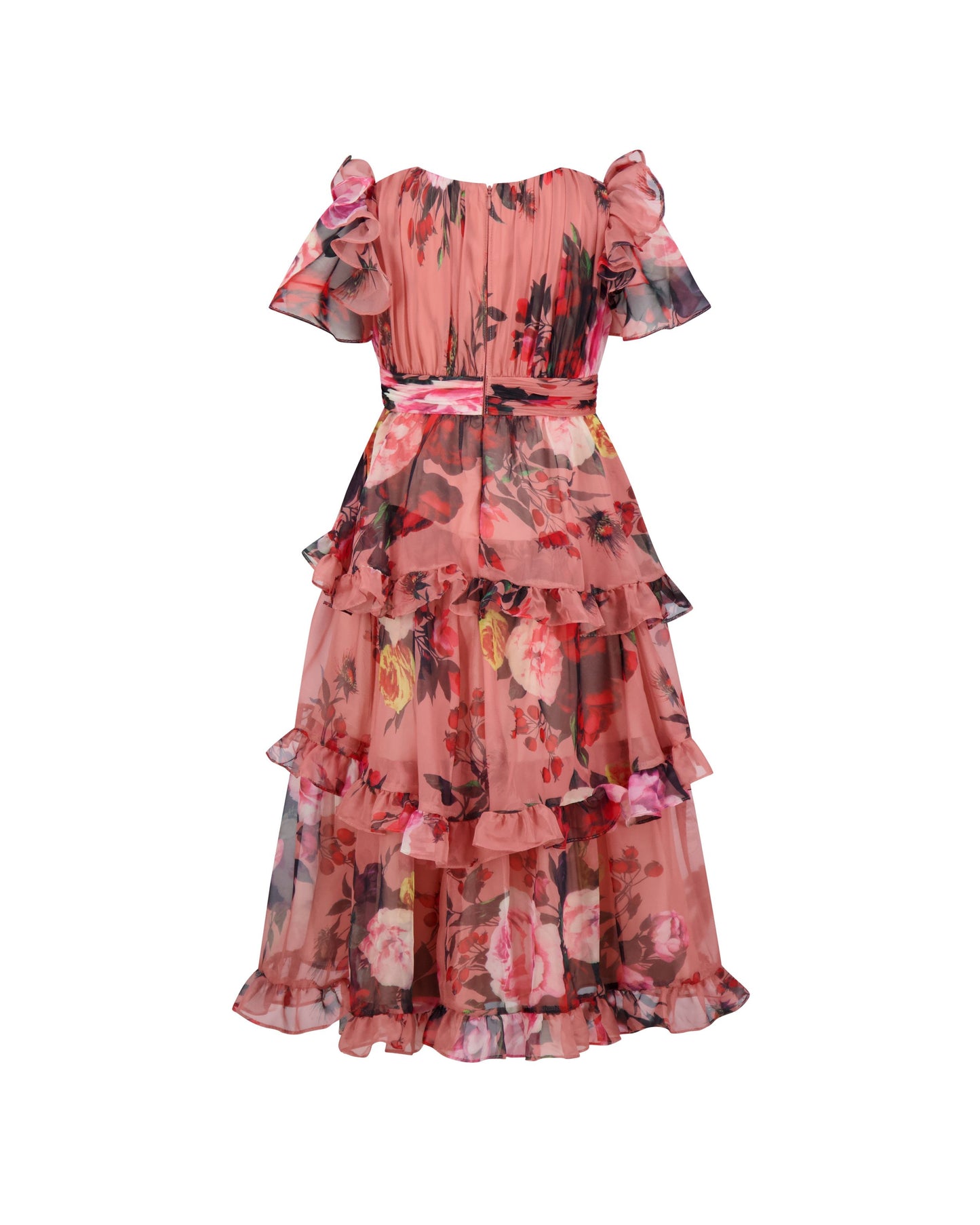 Girls Pink Floral Chiffon Tiered Ruffle Dress Mac Duggal