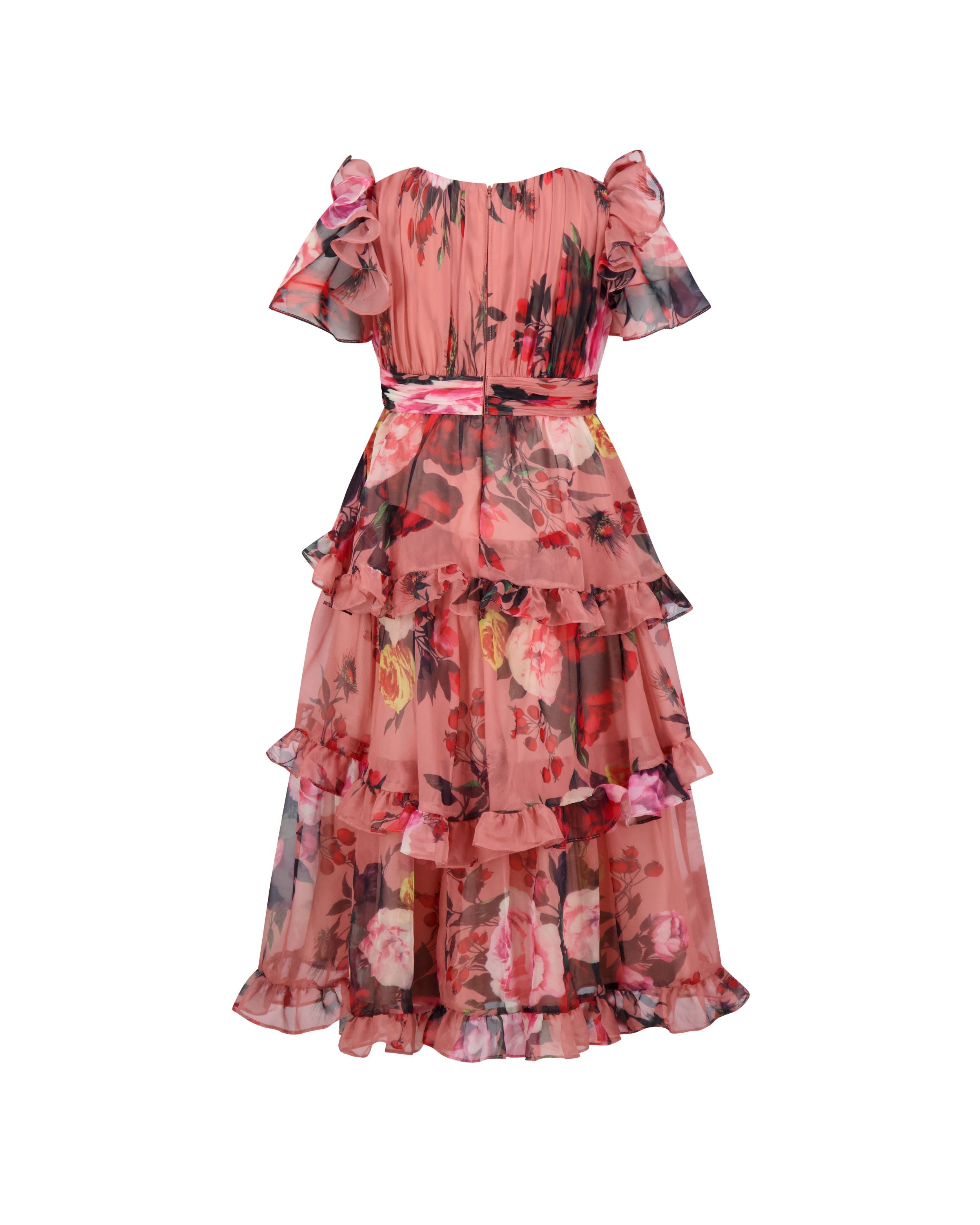 Girls Pink Floral Chiffon Tiered Ruffle Dress Mac Duggal