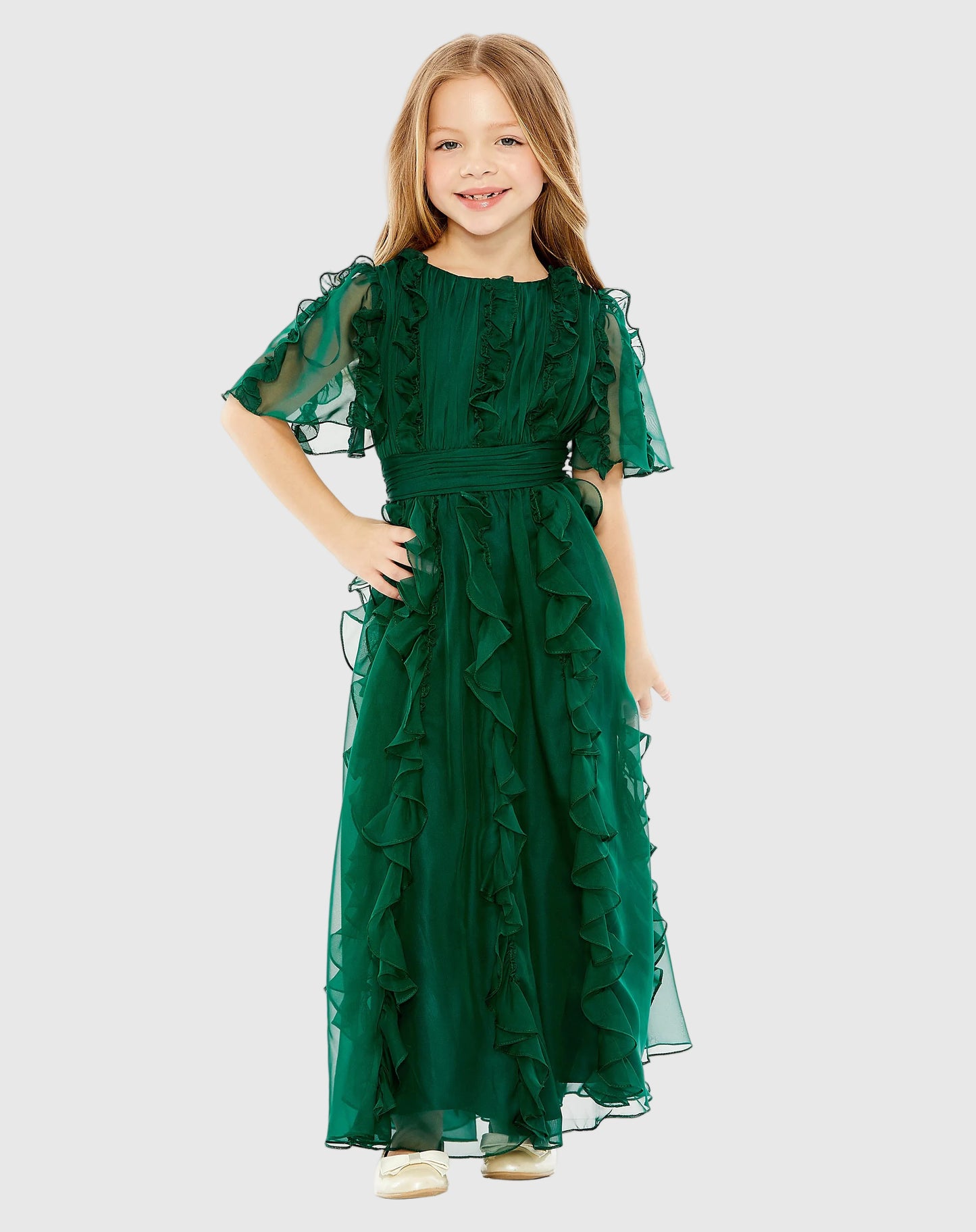 Girls Green Chiffon High Neck Ruffle Dress Mac Duggal