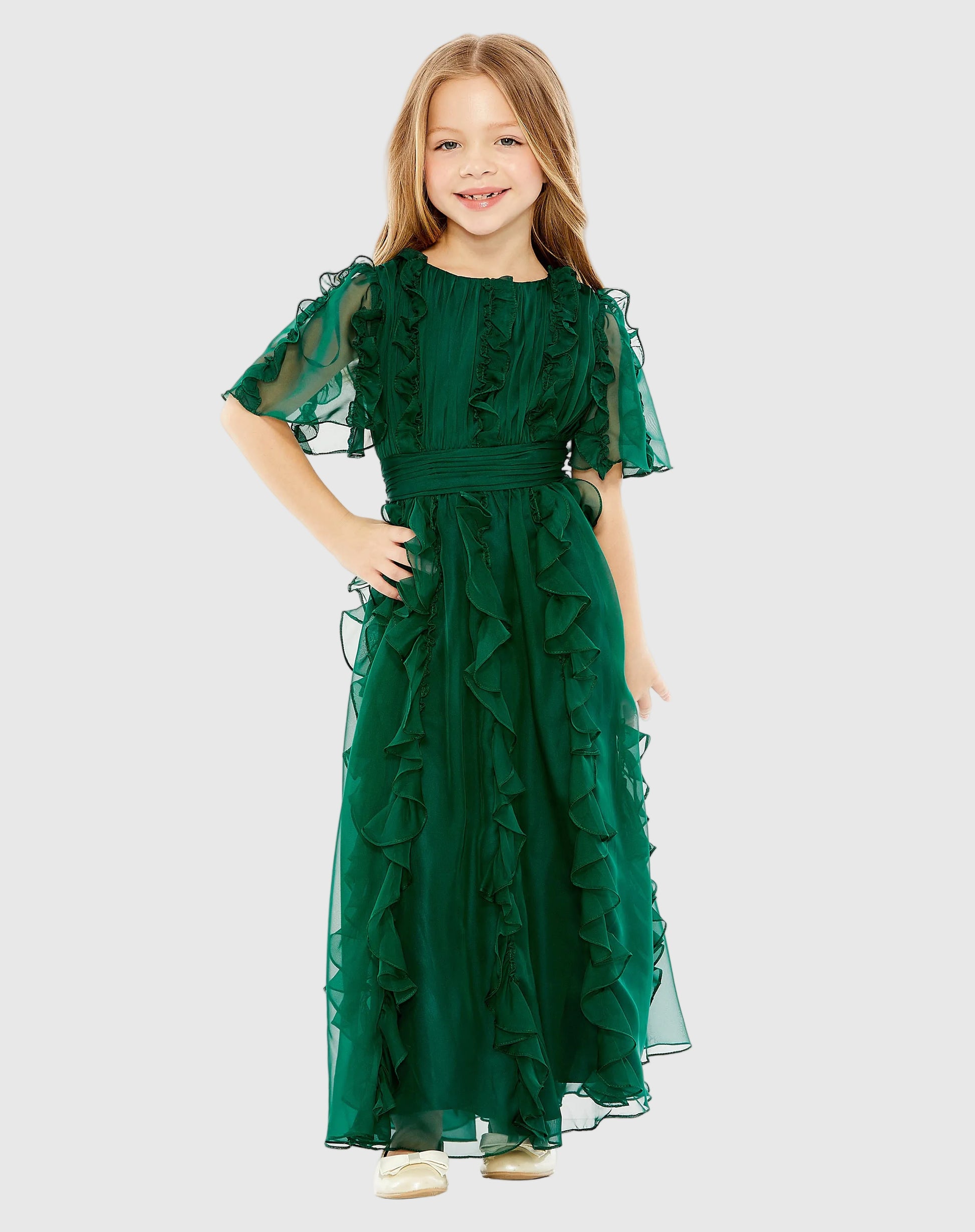 Girls Green Chiffon High Neck Ruffle Dress Mac Duggal