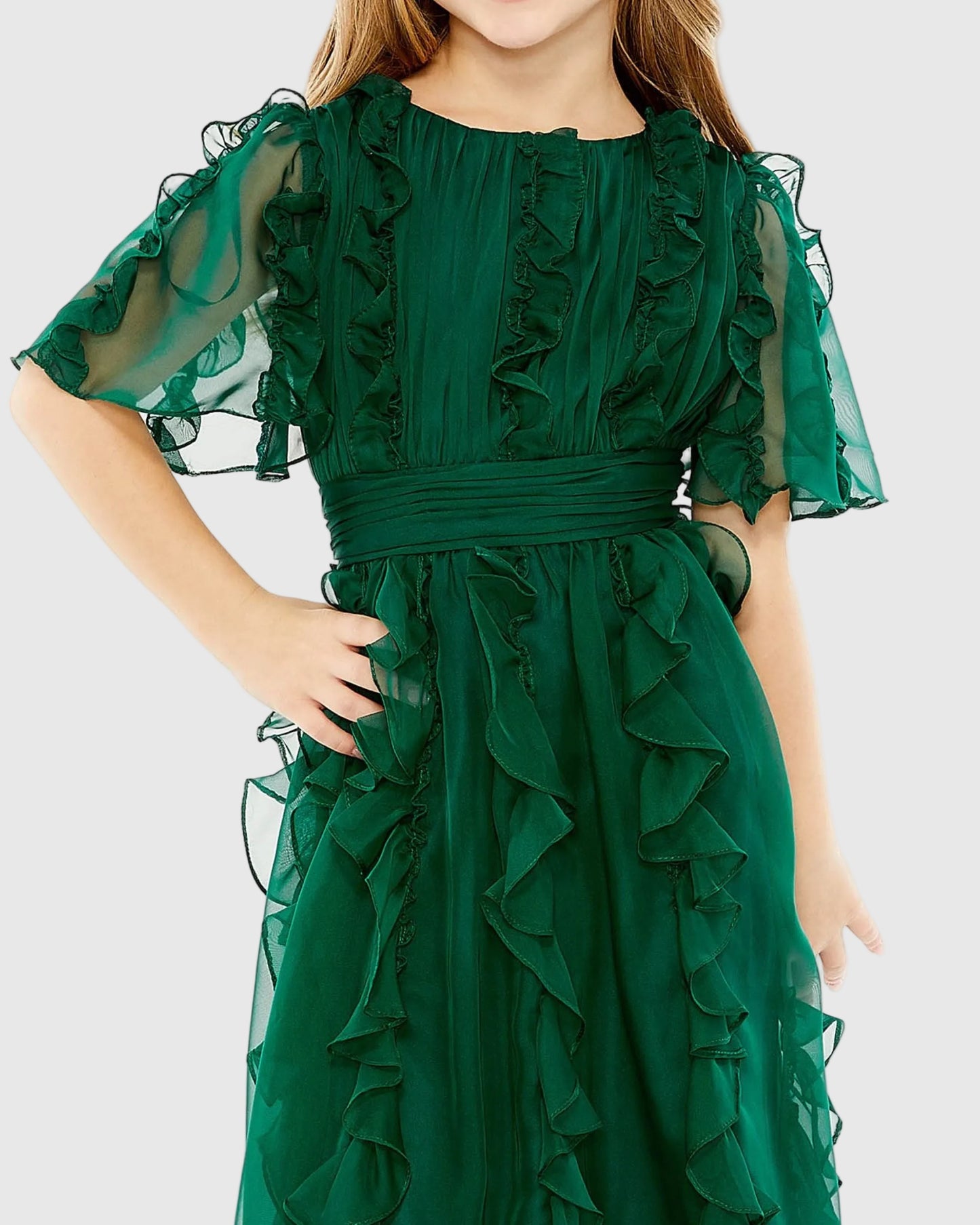 Girls Green Chiffon High Neck Ruffle Dress Mac Duggal