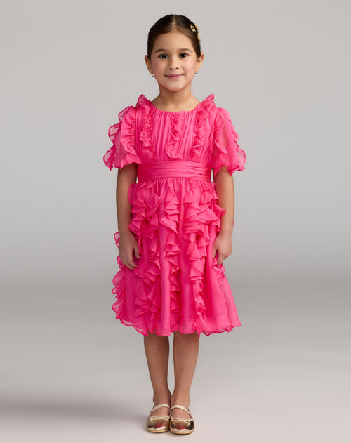 Girls Pink Chiffon High Neck Ruffle Dress - Mac Duggal