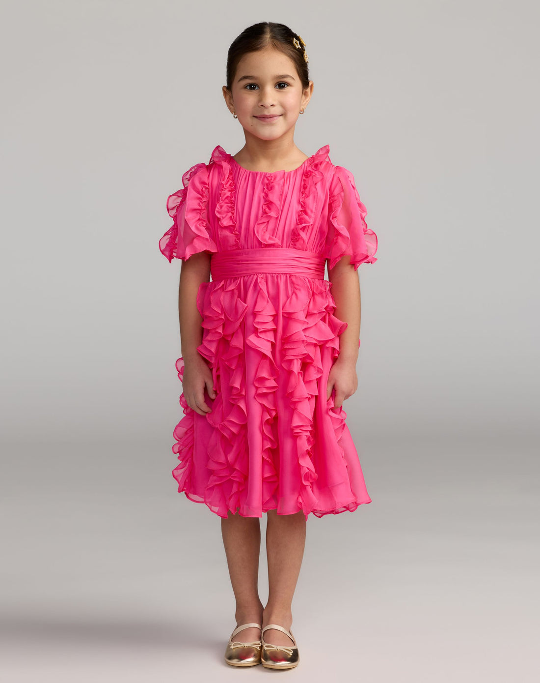 Girls Pink Chiffon High Neck Ruffle Dress - Mac Duggal