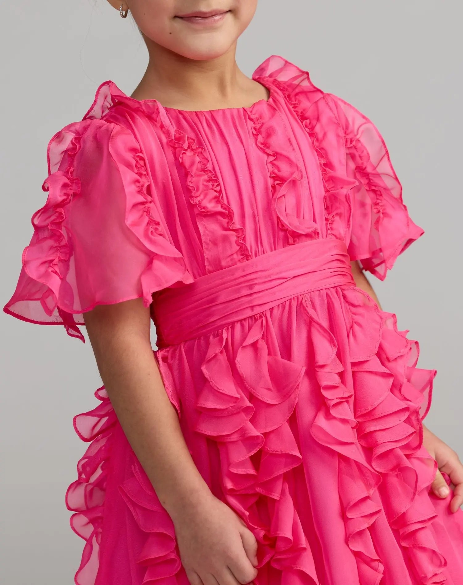 Girls Pink Chiffon High Neck Ruffle Dress