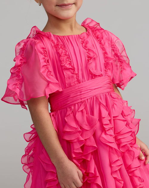 Girls Pink Chiffon High Neck Ruffle Dress - Mac Duggal