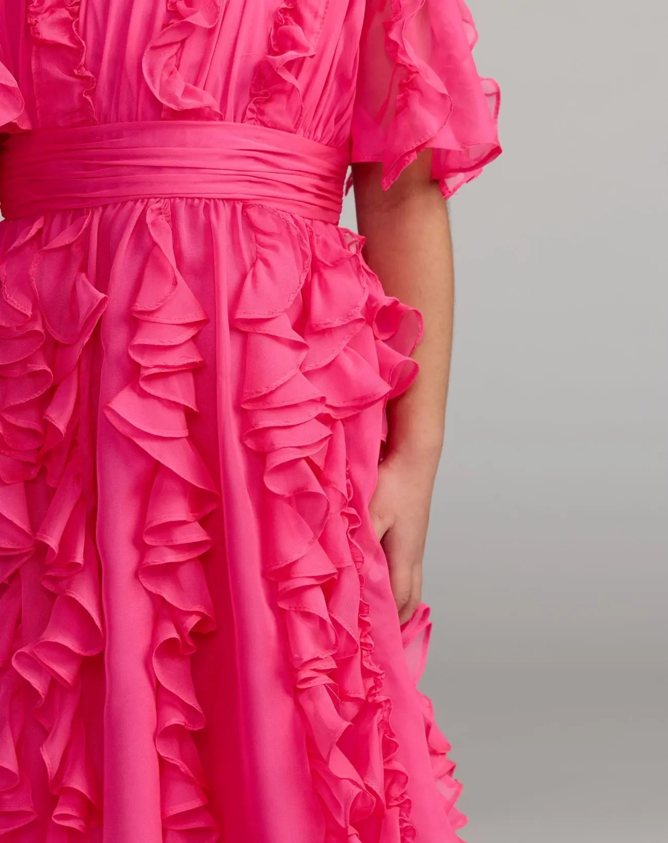 Girls Pink Chiffon High Neck Ruffle Dress - Mac Duggal