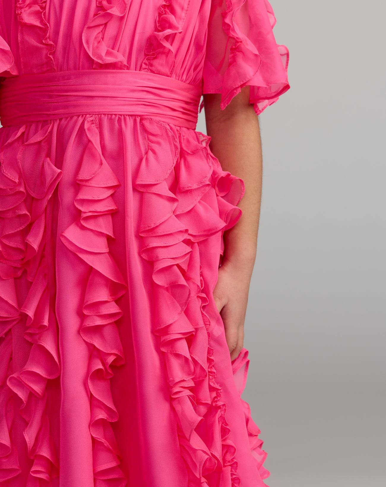 Girls Pink Chiffon High Neck Ruffle Dress - Mac Duggal