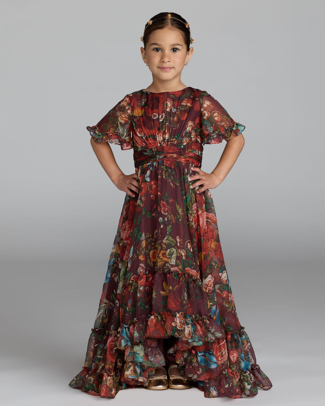 Girls Red Floral Ruffle High-Low Dress Mac Duggal