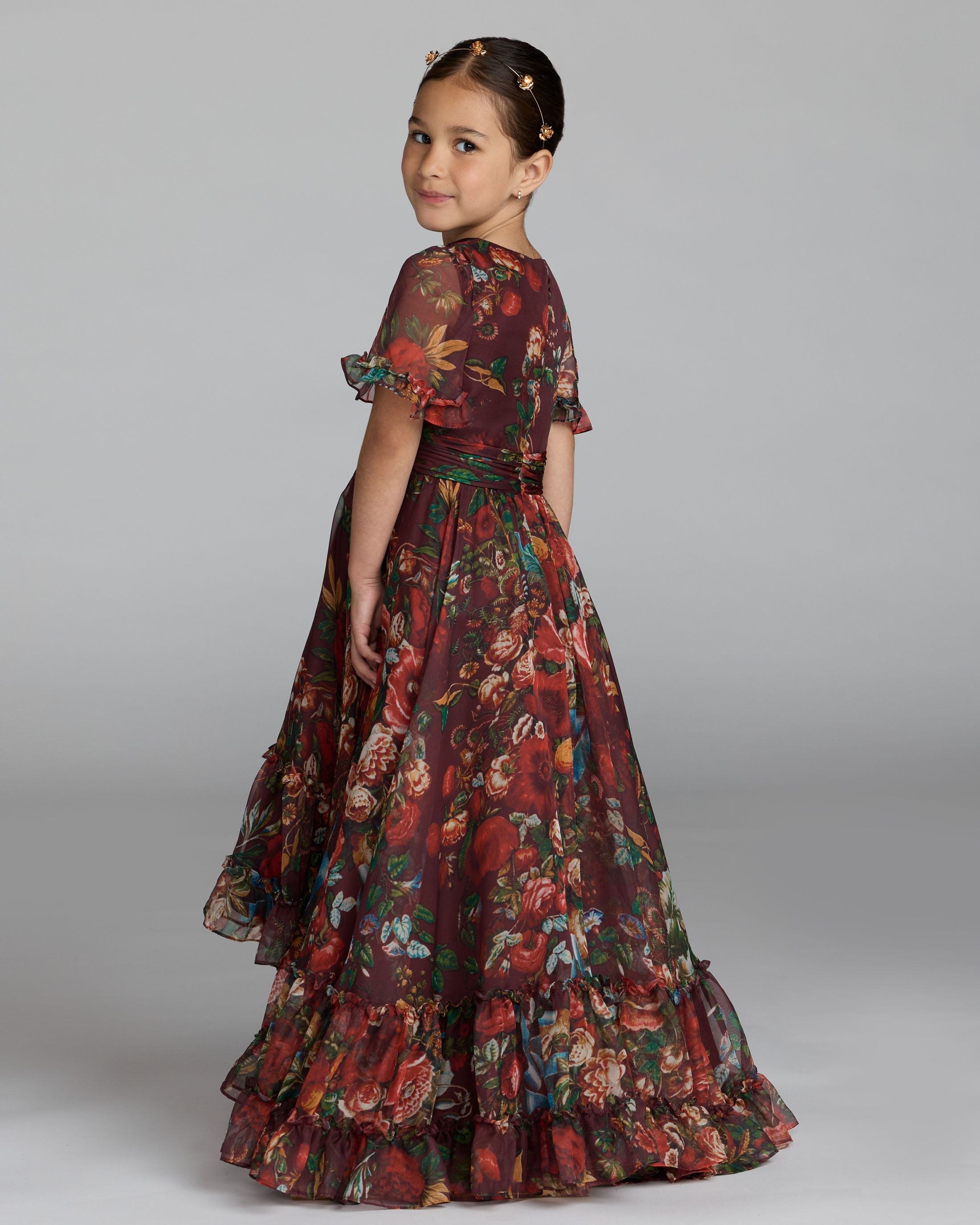 Girls Red Floral Ruffle High-Low Dress Mac Duggal