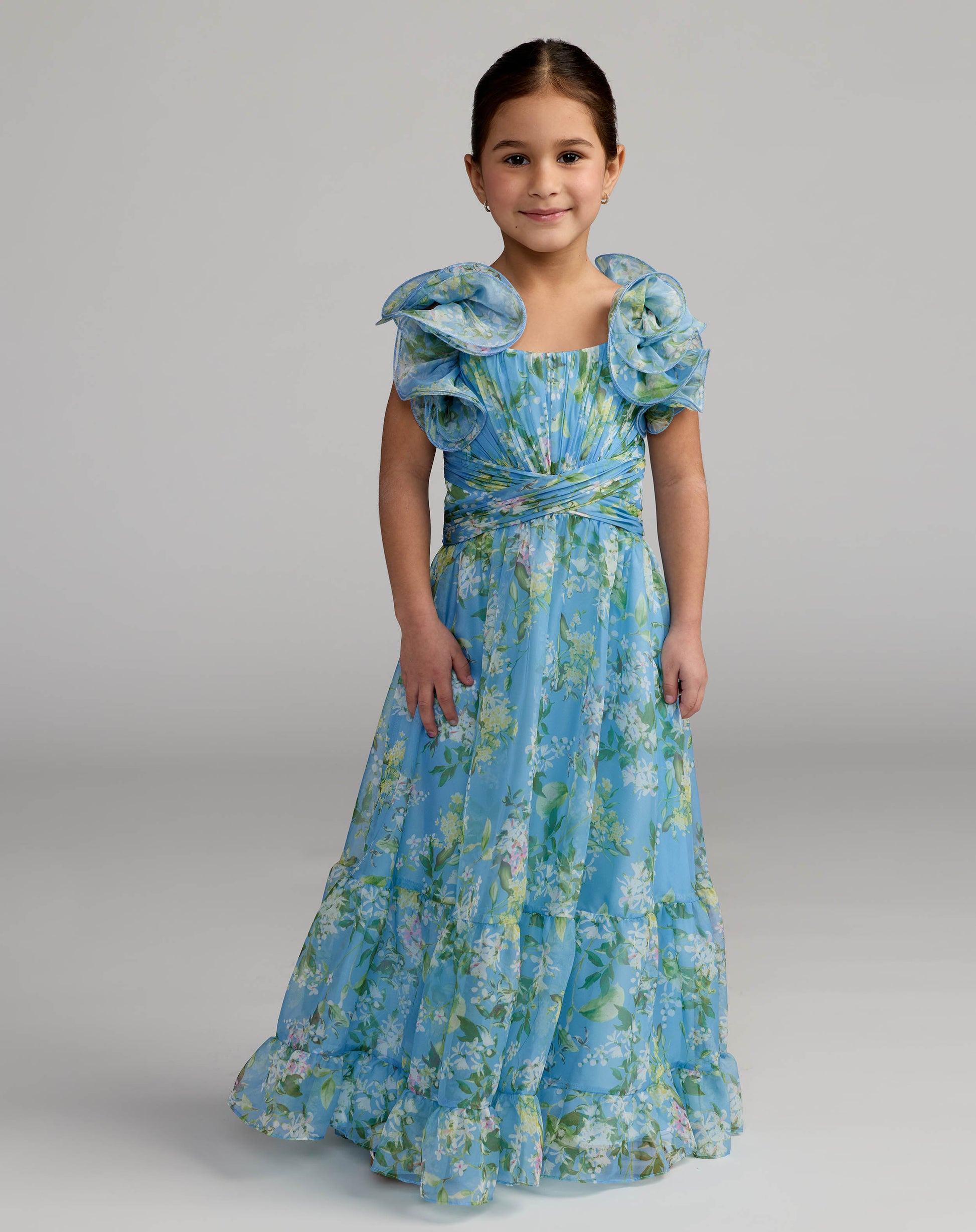 Girls Blue Floral Chiffon Ruffle Shoulder Dress - Mac Duggal