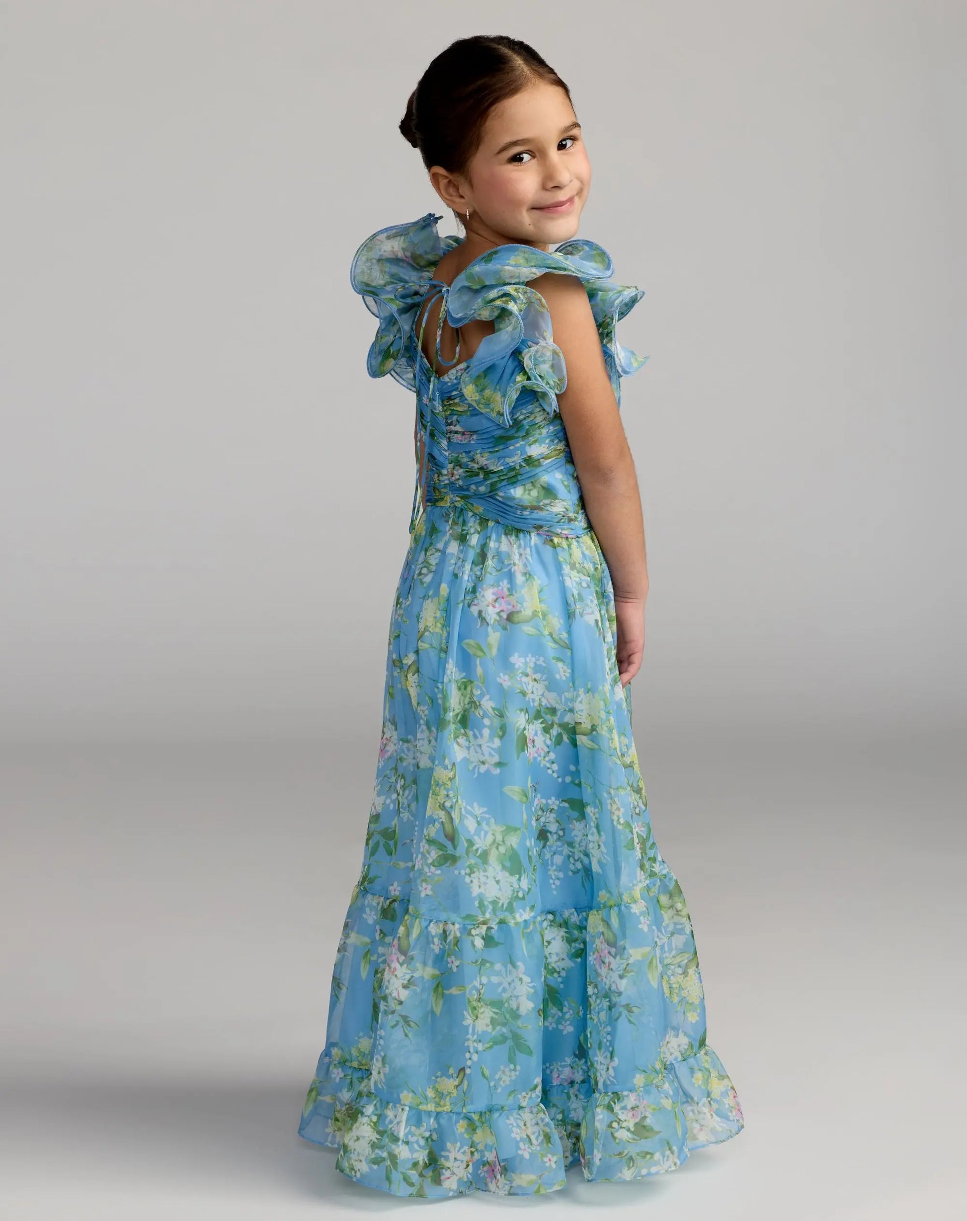 Girls Blue Floral Chiffon Ruffle Shoulder Dress | Mac Duggal Girls Blue Floral Chiffon Ruffle Shoulder Dress | Mac Duggal