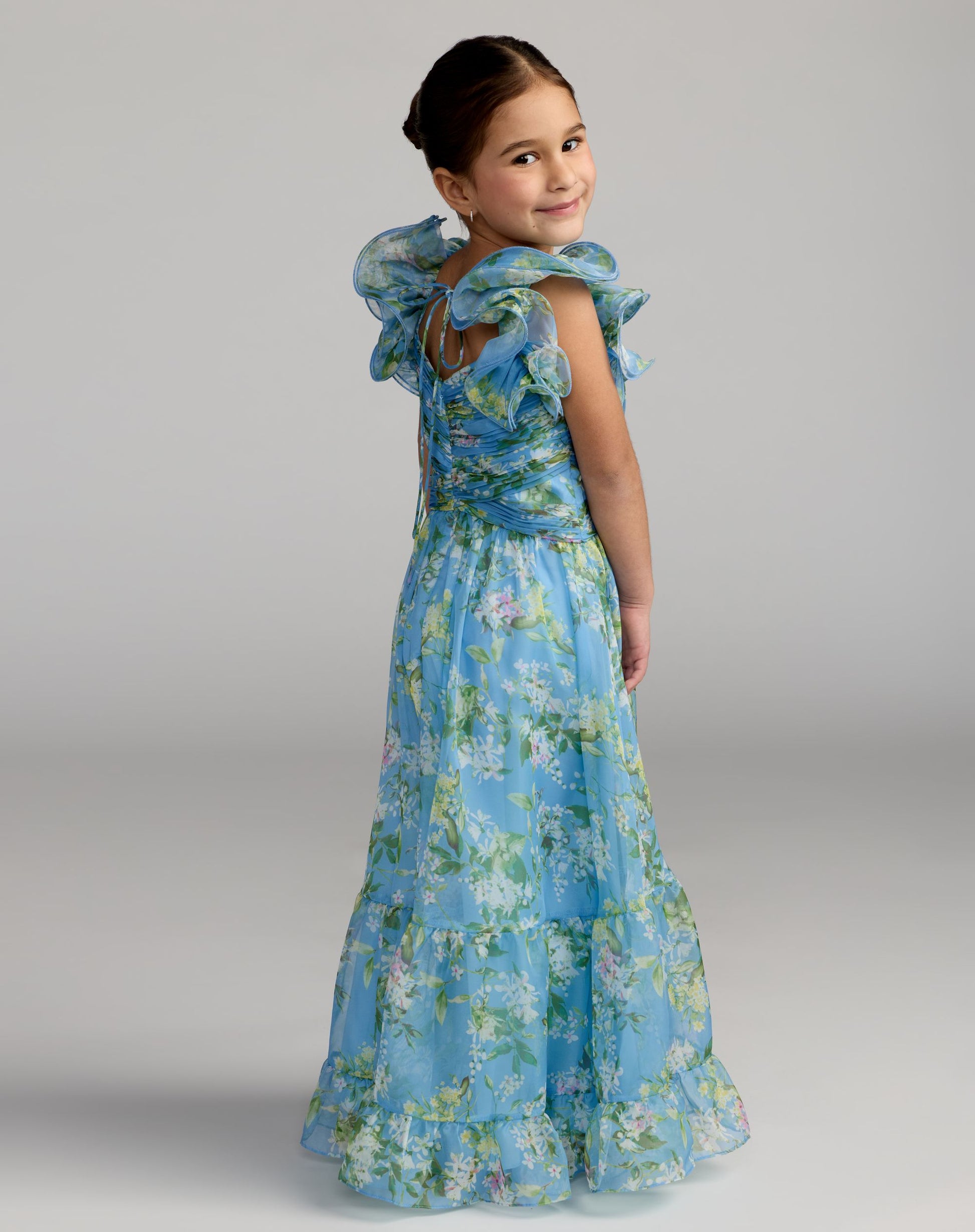 Girls Blue Floral Chiffon Ruffle Shoulder Dress - Mac Duggal