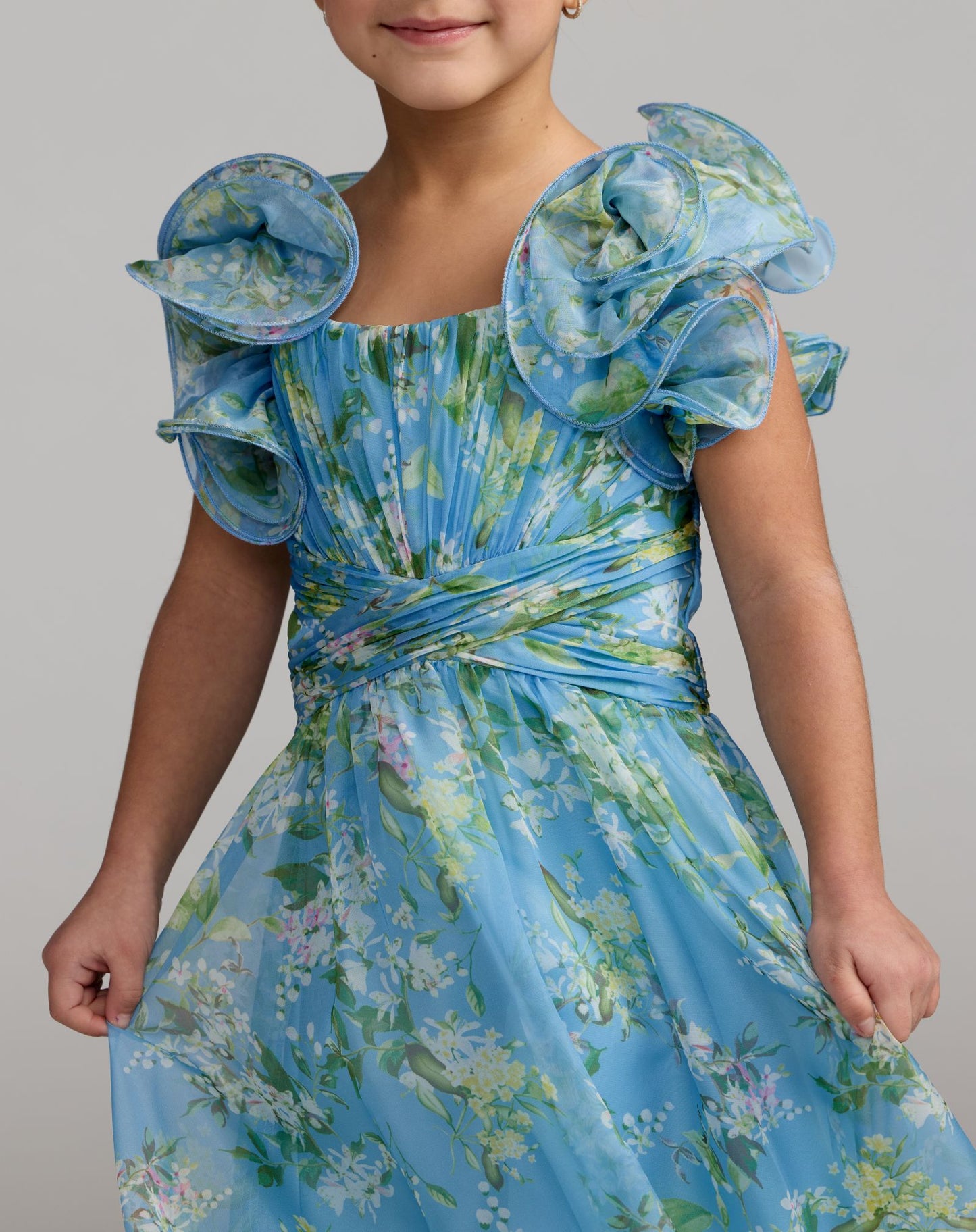 Girls Blue Floral Chiffon Ruffle Shoulder Dress - Mac Duggal
