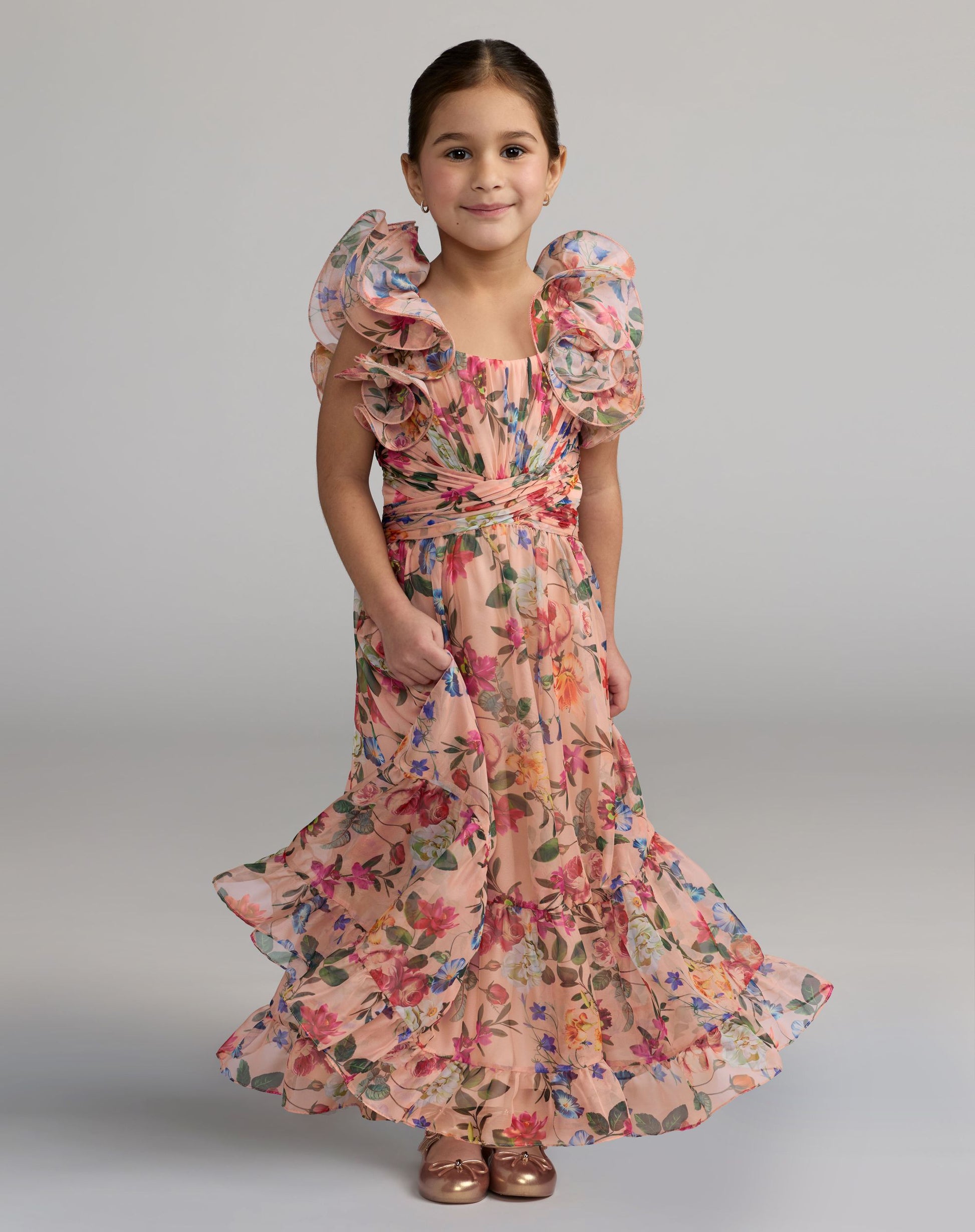 ladies pink floral dress Girls Pink Floral Chiffon Ruffle Shoulder Dress