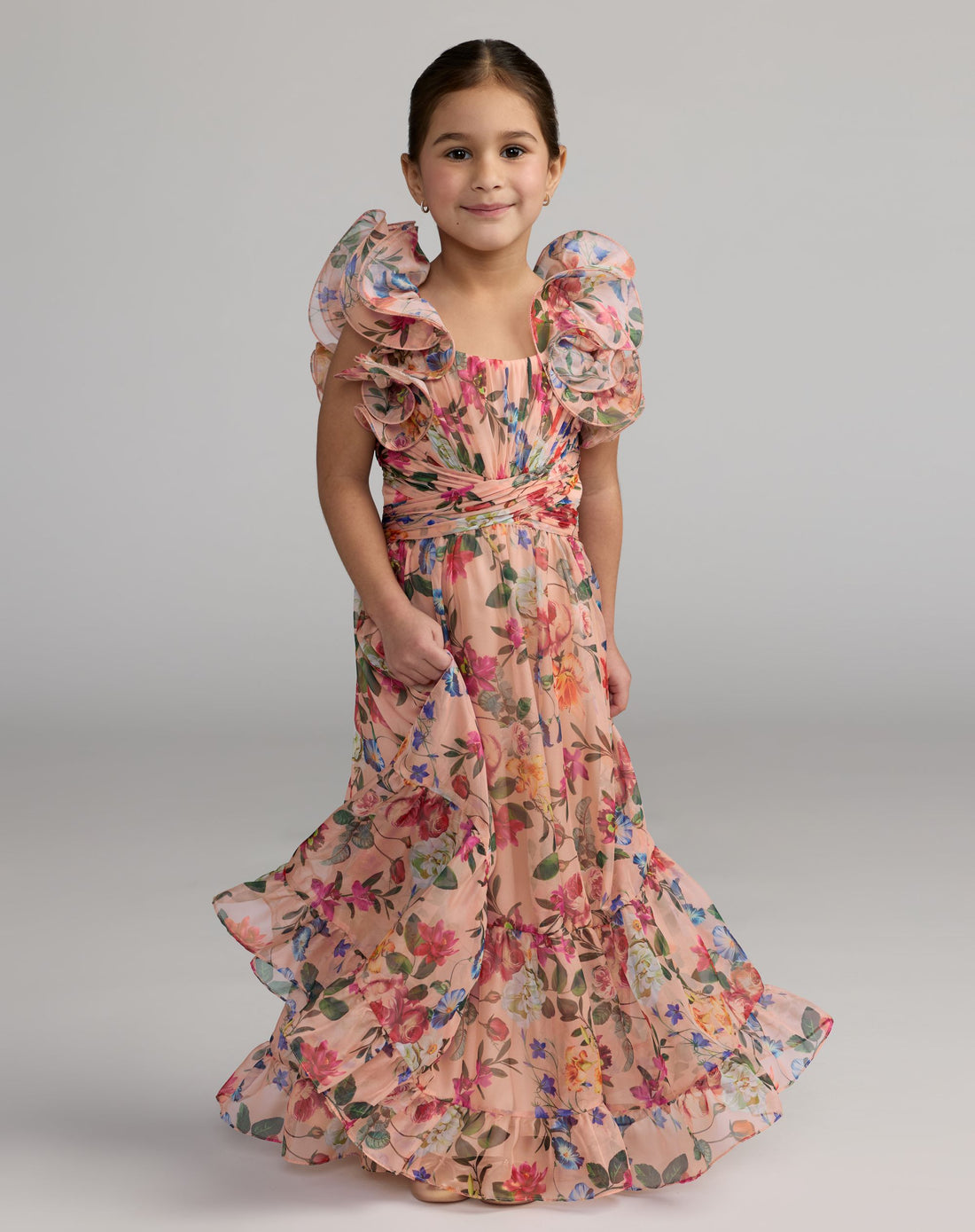 Girls Pink Floral Chiffon Ruffle Shoulder Dress - Mac Duggal