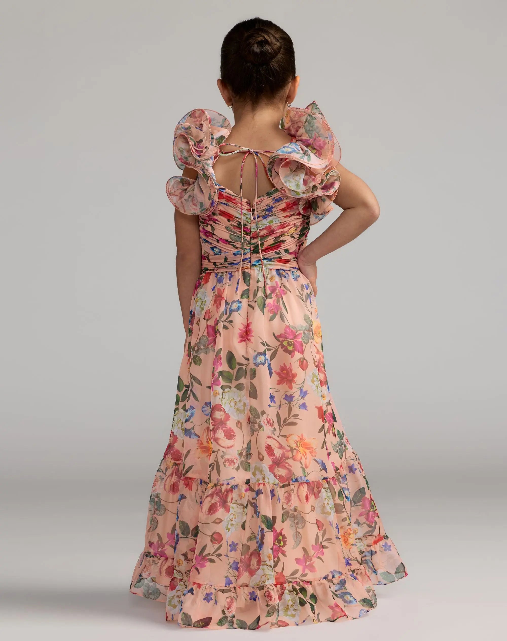 Girls Pink Floral Chiffon Ruffle Shoulder Dress - Mac Duggal