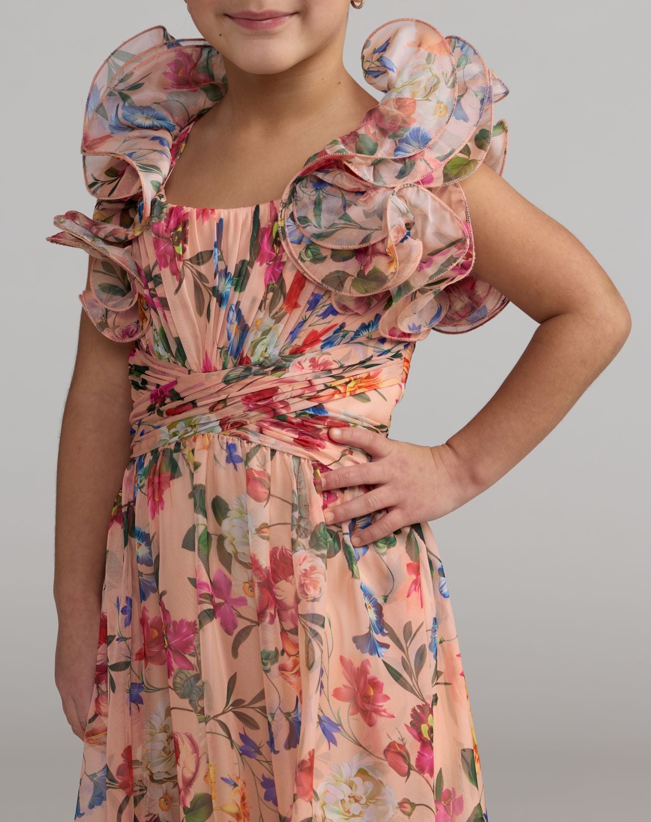 Girls Pink Floral Chiffon Ruffle Shoulder Dress - Mac Duggal