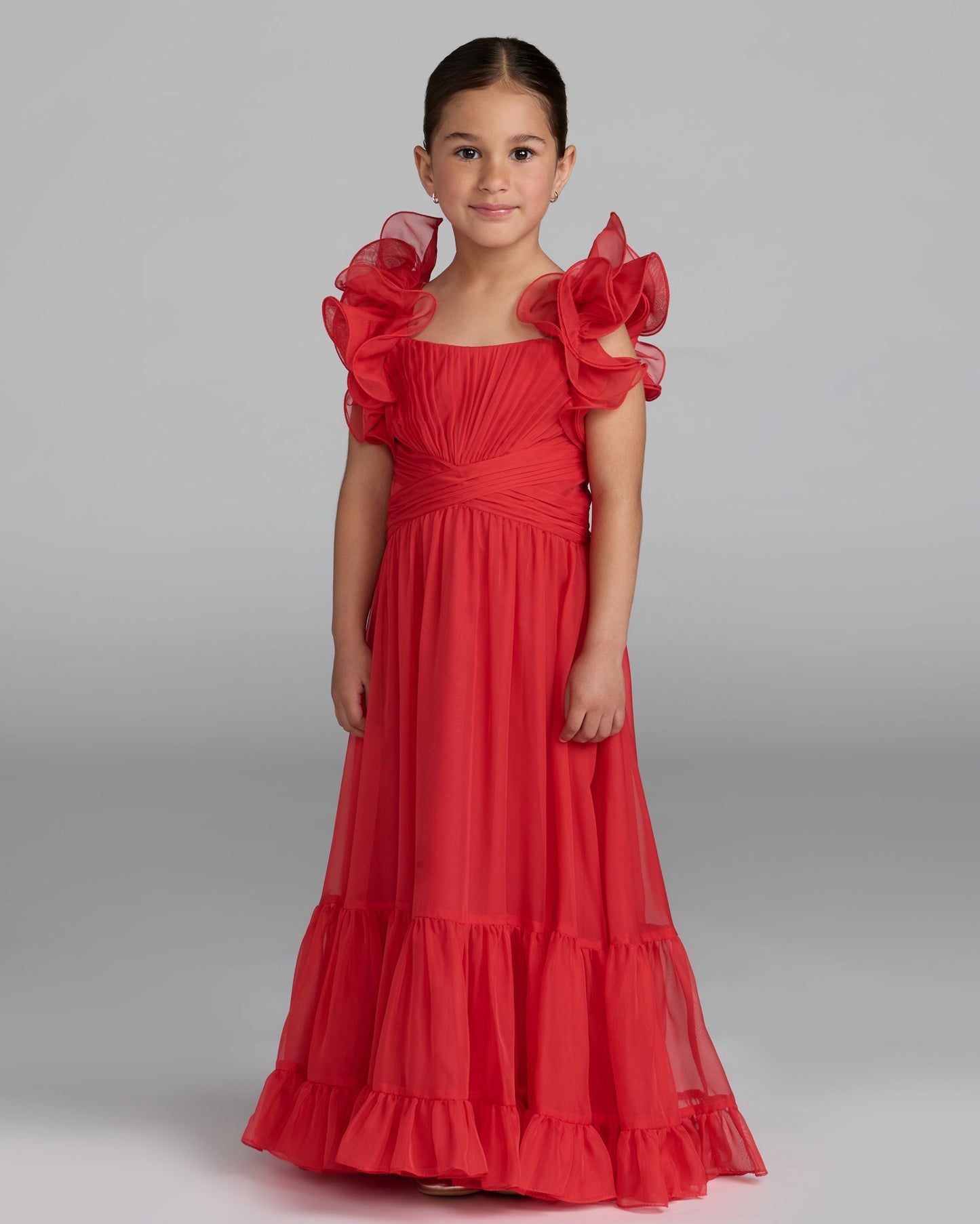 Girls Red Floral Ruffle High-Low Dress Mac Duggal