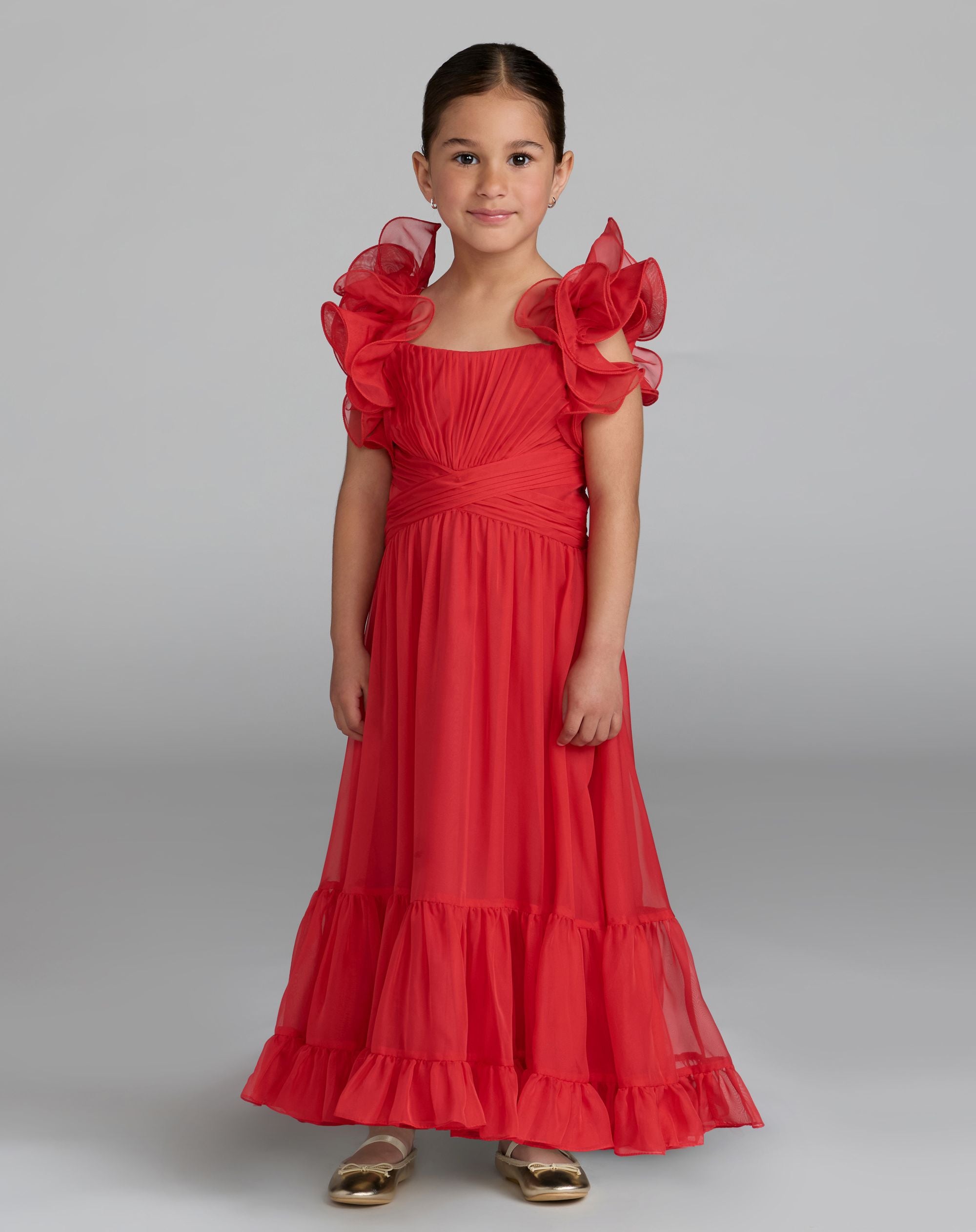 Girls Red Floral Ruffle High-Low Dress Mac Duggal