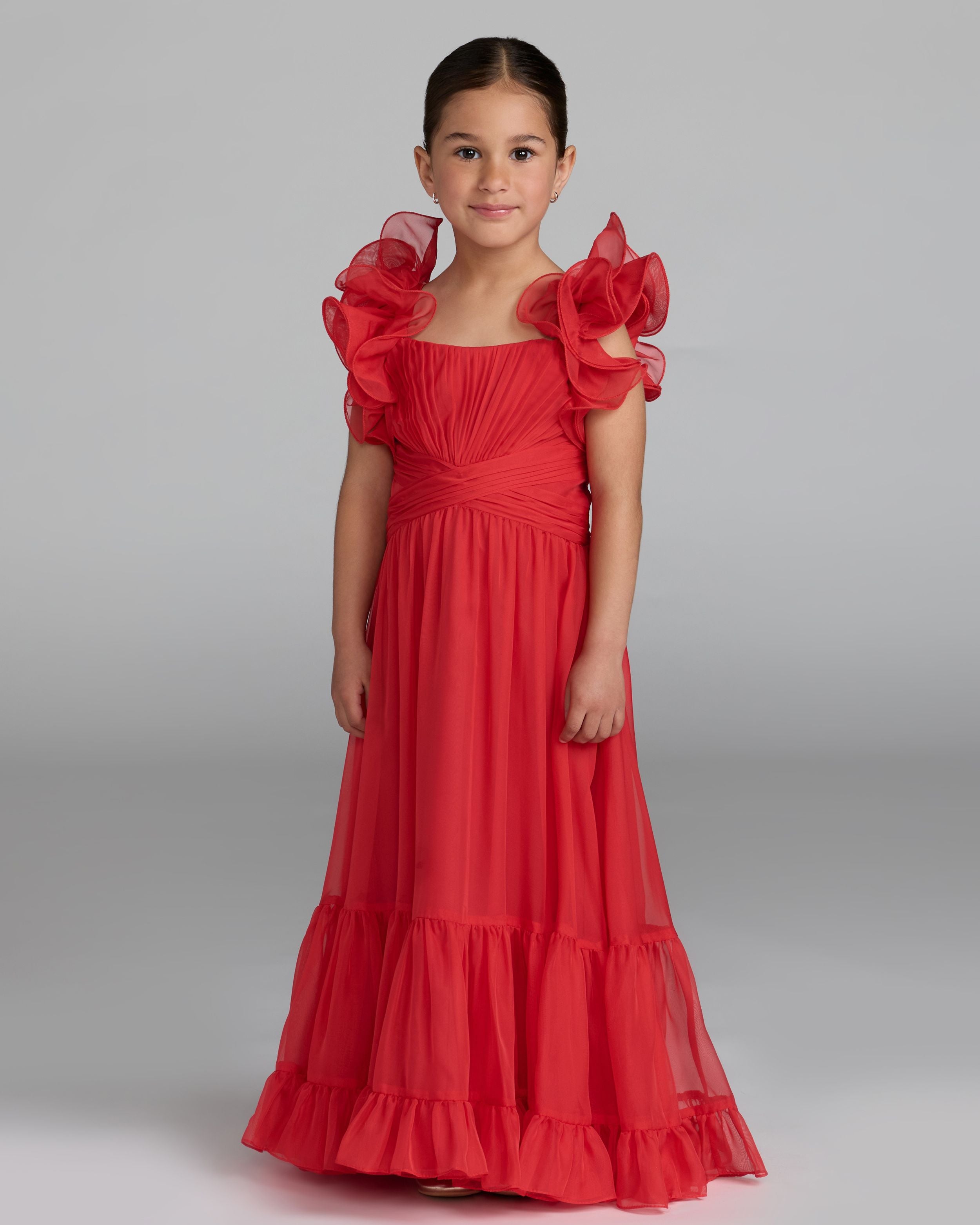 Girls Red Floral Ruffle High-Low Dress Mac Duggal