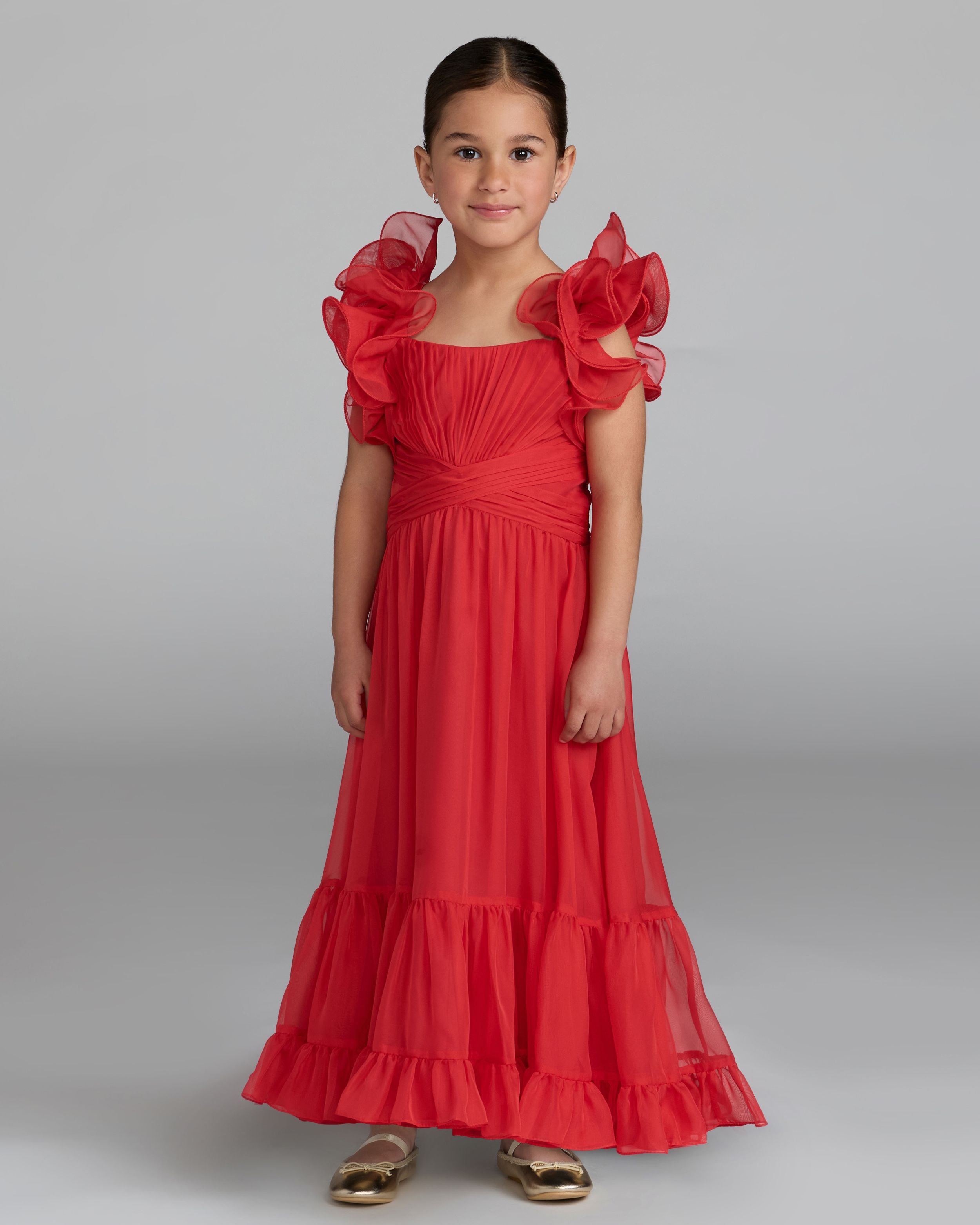 Girls Red Chiffon Ruffle Shoulder Long Dress Mac Duggal