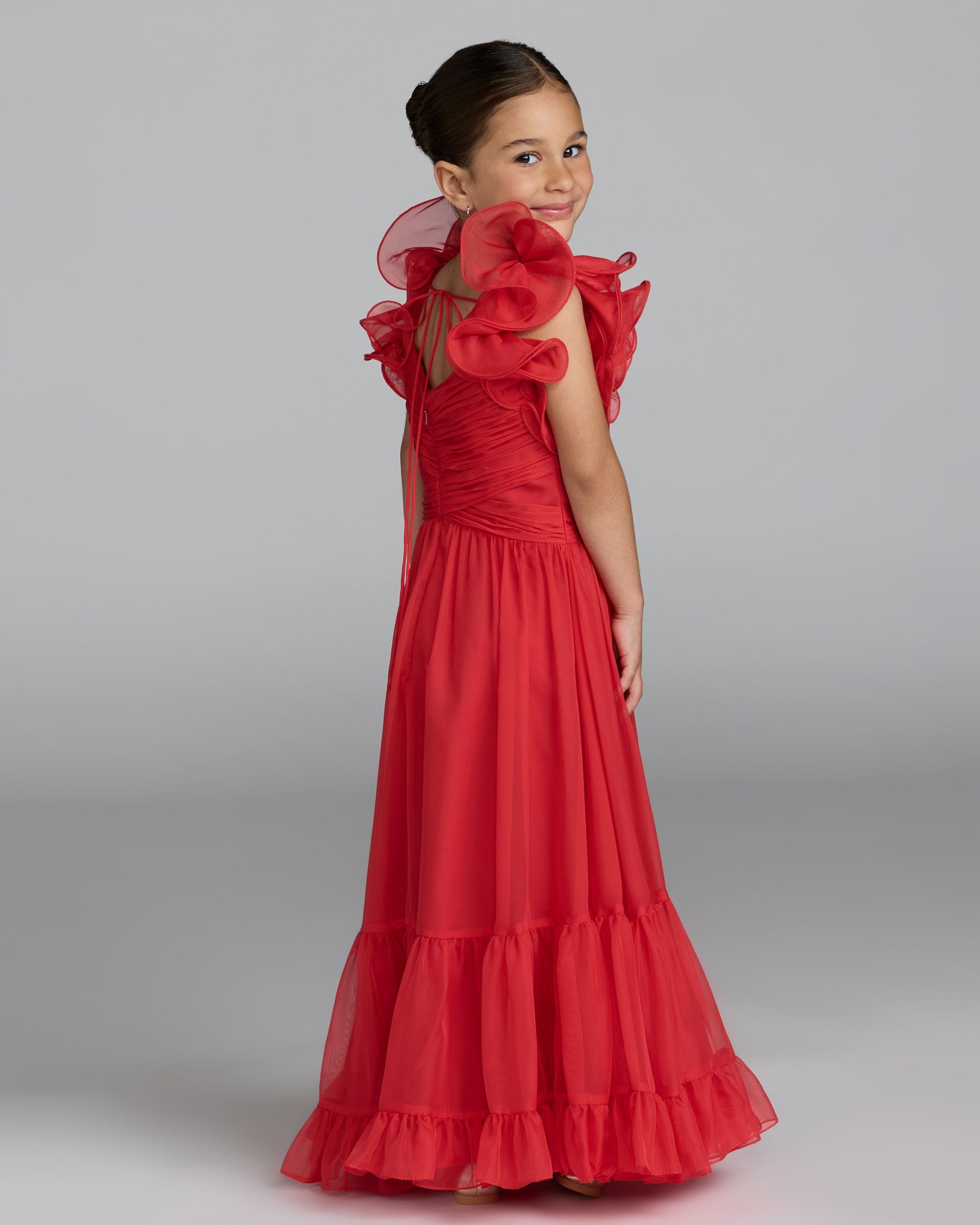 Girls Red Floral Ruffle High-Low Dress Mac Duggal