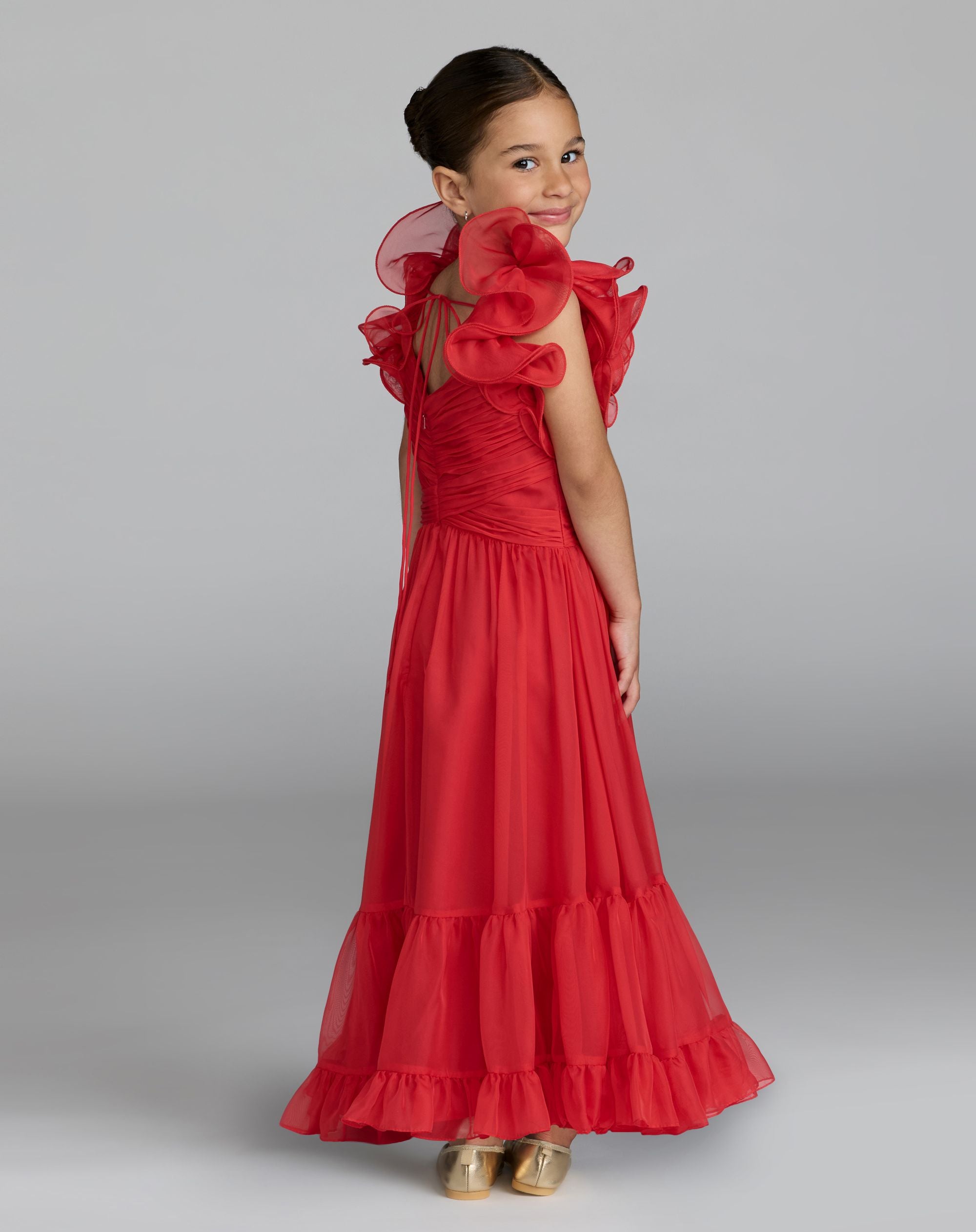 Girls Red Floral Ruffle High-Low Dress Mac Duggal