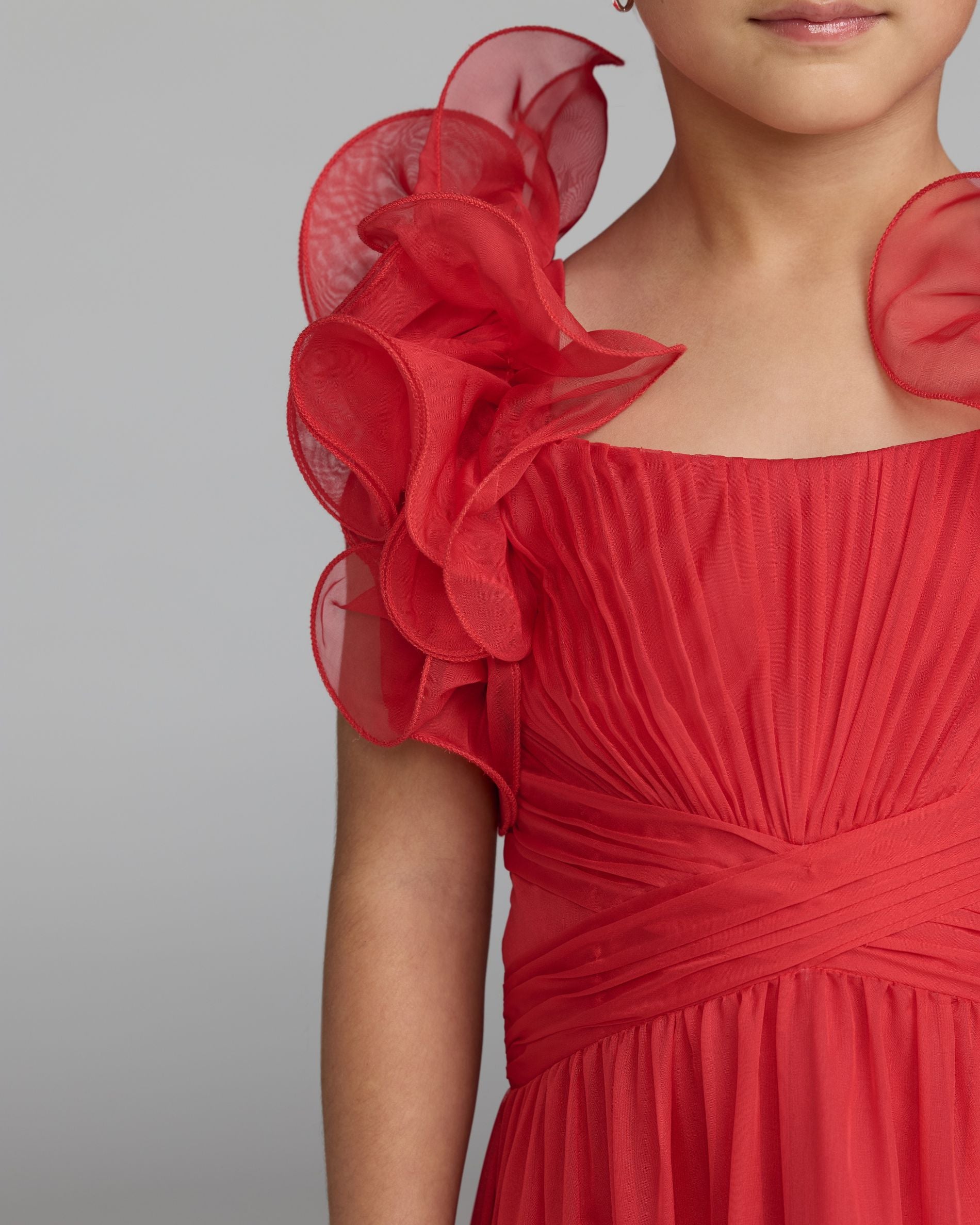 Girls Red Floral Ruffle High-Low Dress Mac Duggal