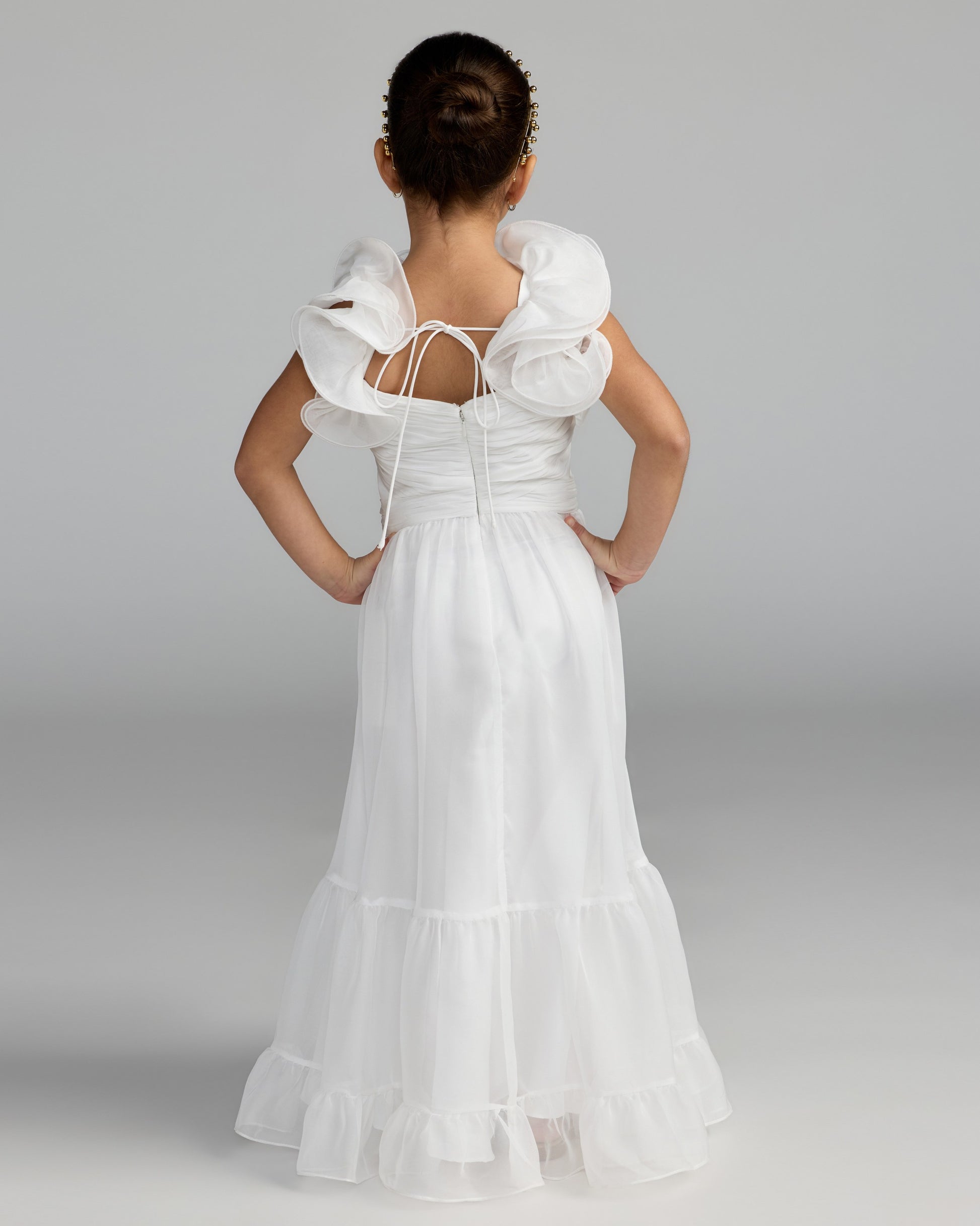 Girls White Chiffon Ruffle Shoulder Dress Mac Duggal