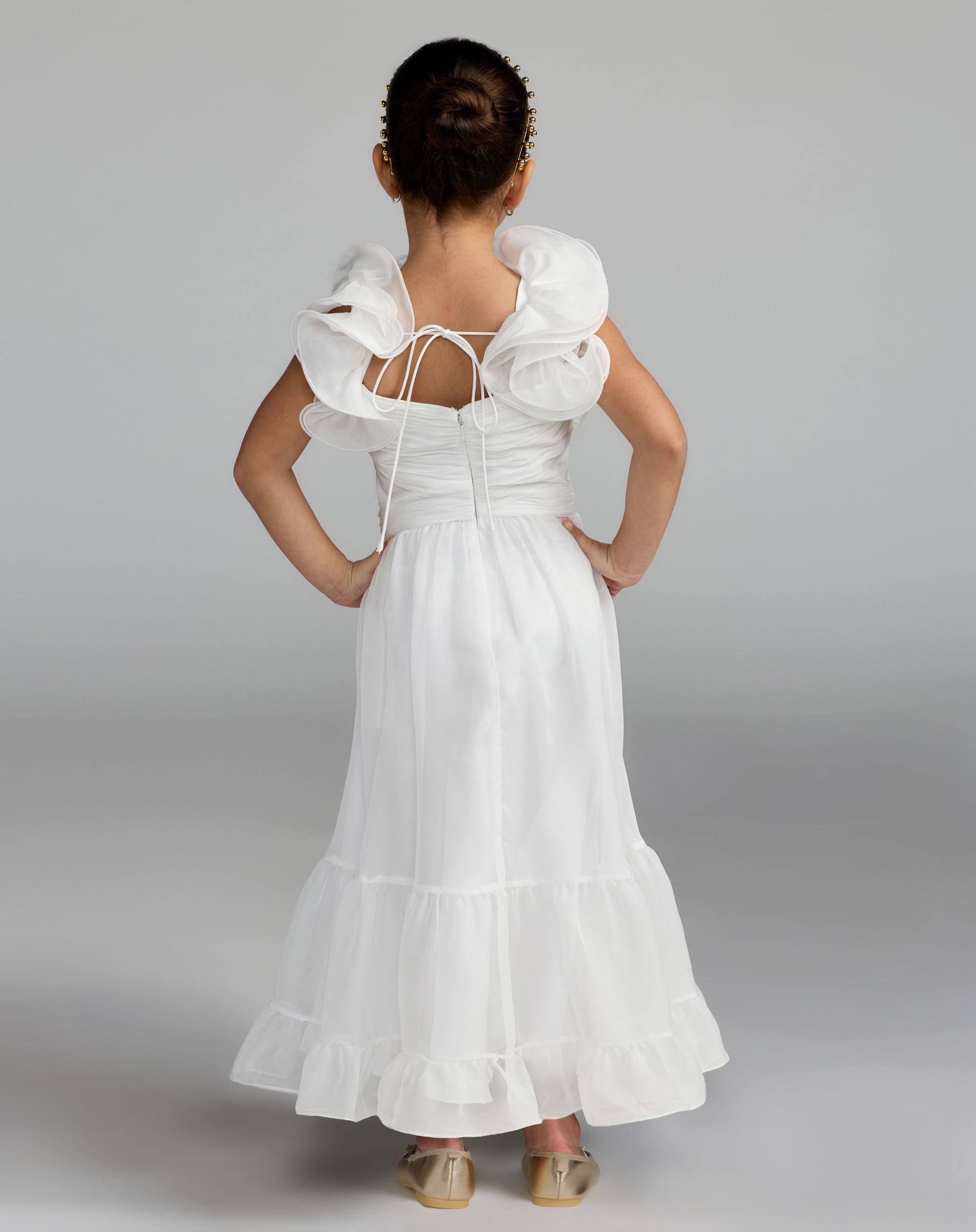 Girls White Chiffon Ruffle Shoulder Dress Mac Duggal