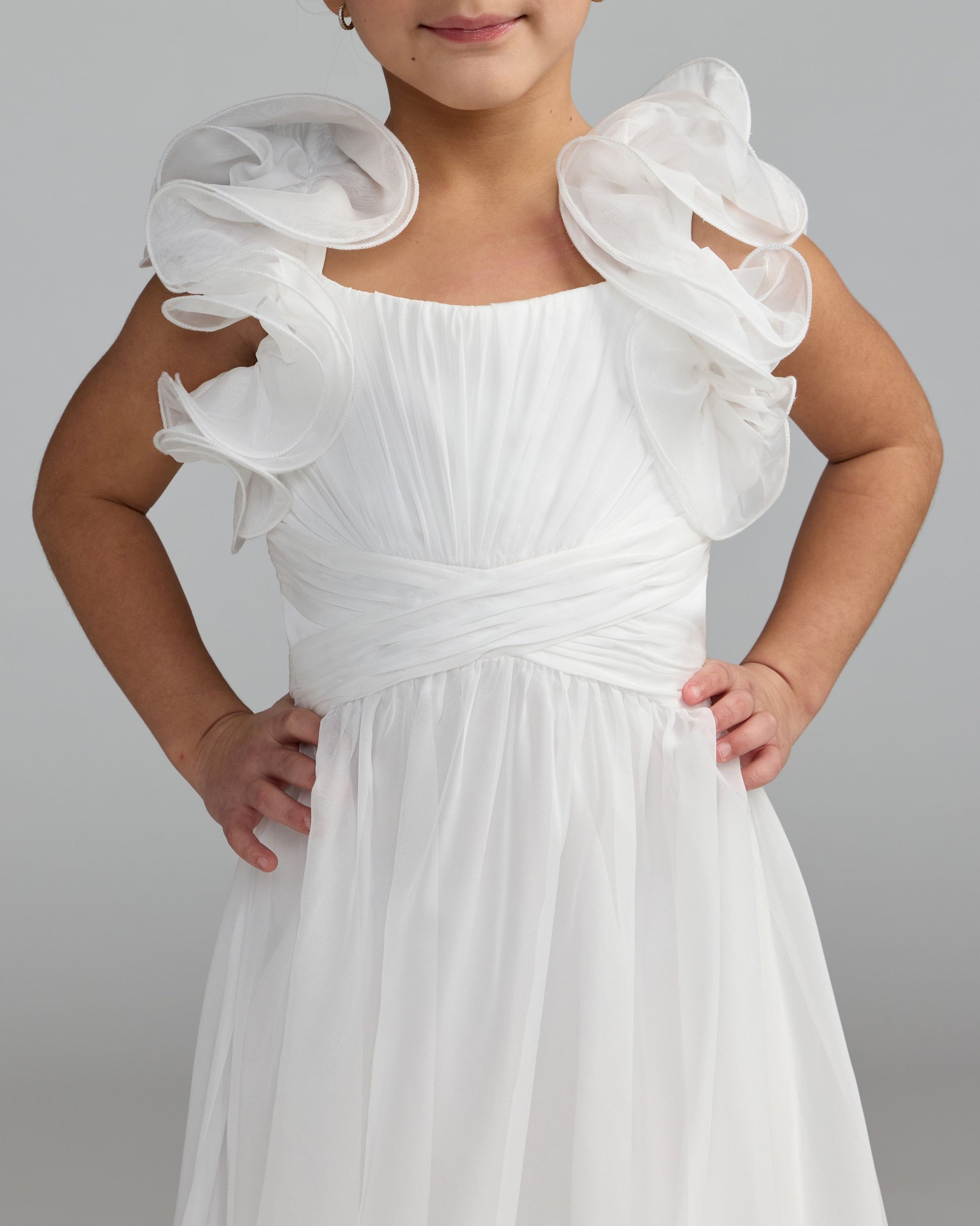 Girls White Chiffon Ruffle Shoulder Dress Mac Duggal