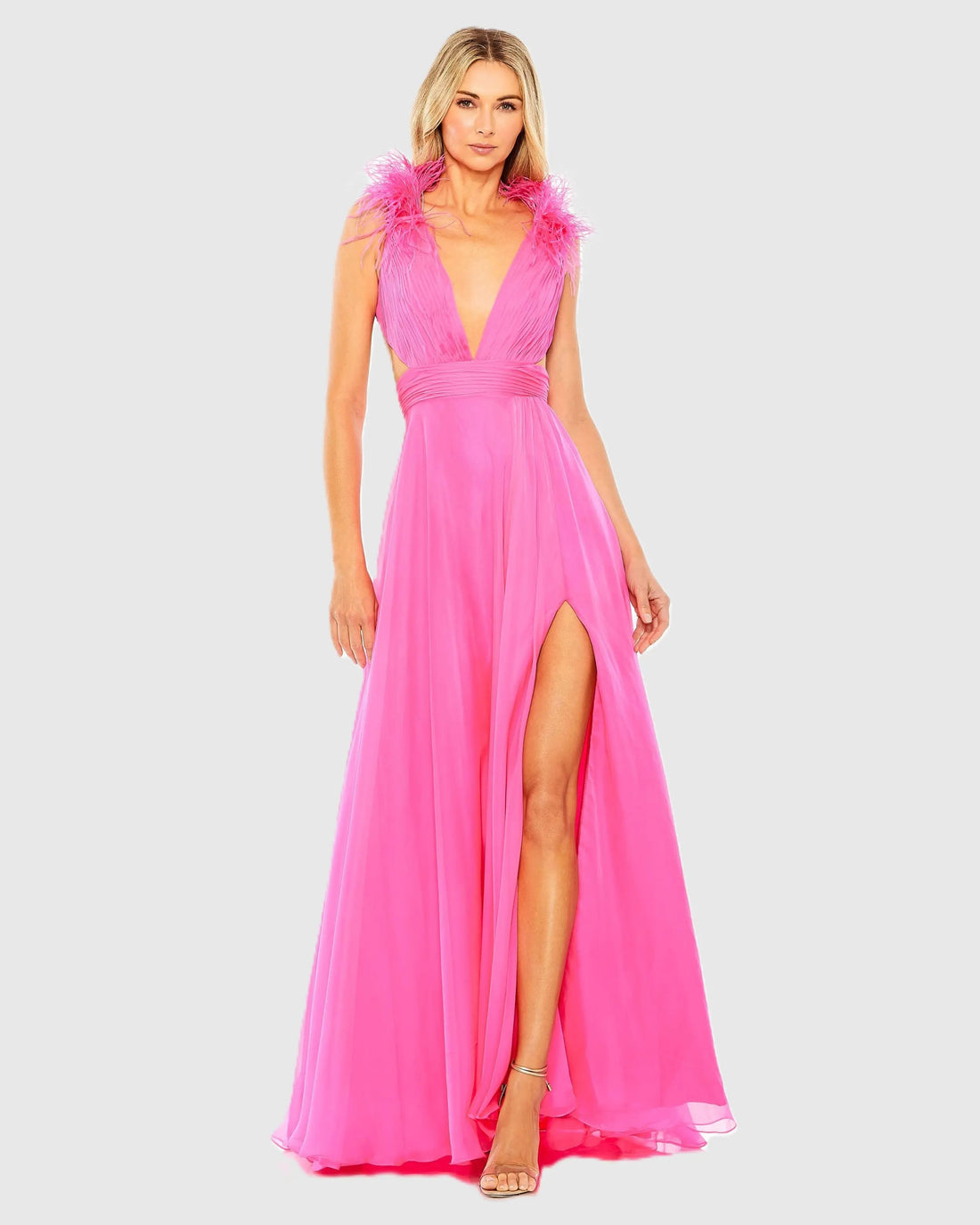 A-Line V Neck Feathered Collar Gown - Mac Duggal