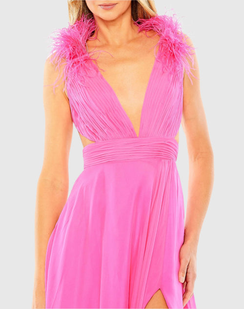 A-Line V Neck Feathered Collar Gown