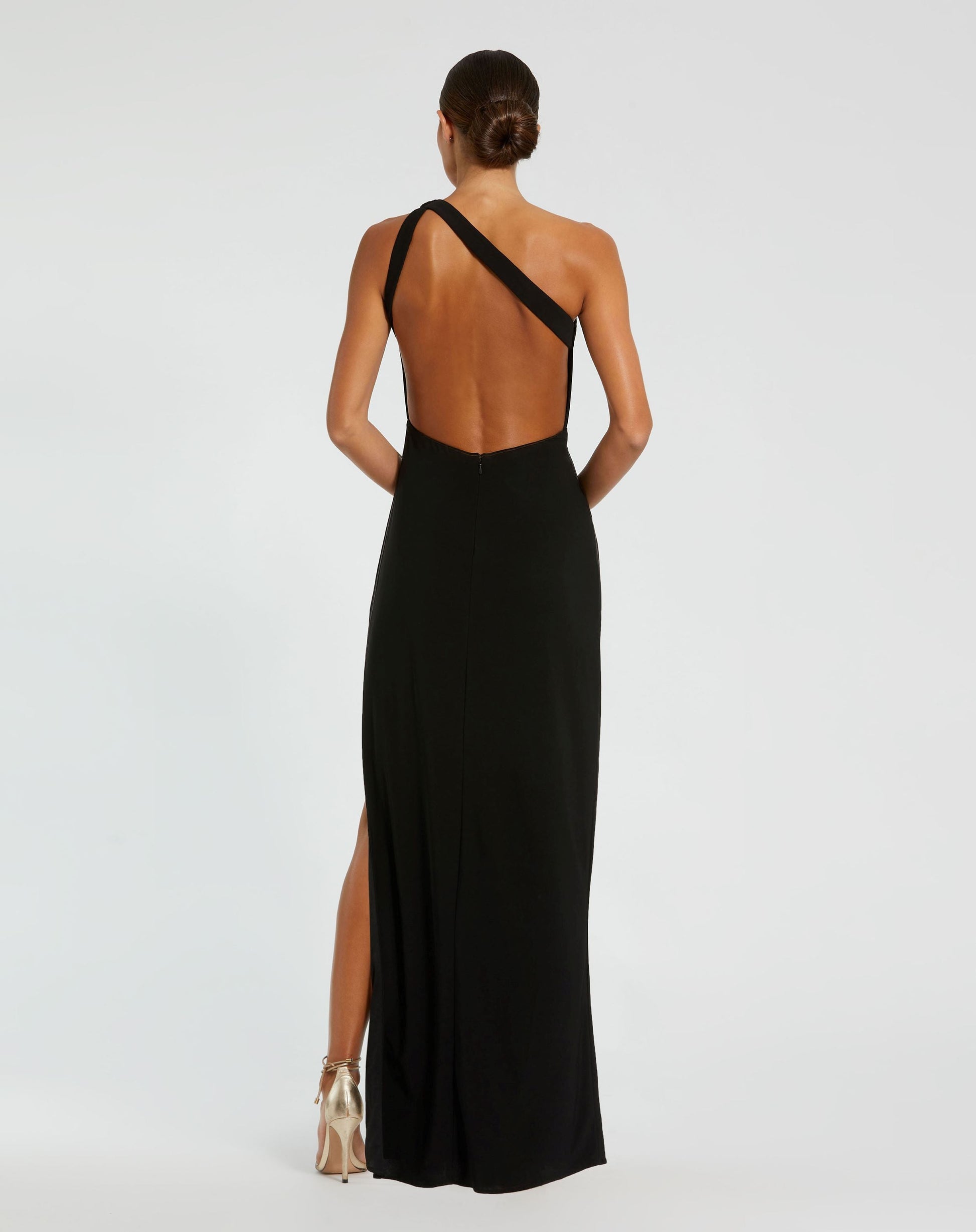 Mac Duggal - Black One Shoulder Gown with Sheer Embellished Cut Out - Black / M Mac Duggal - Black One Shoulder Gown with Sheer Embellished Cut Out - Black / M