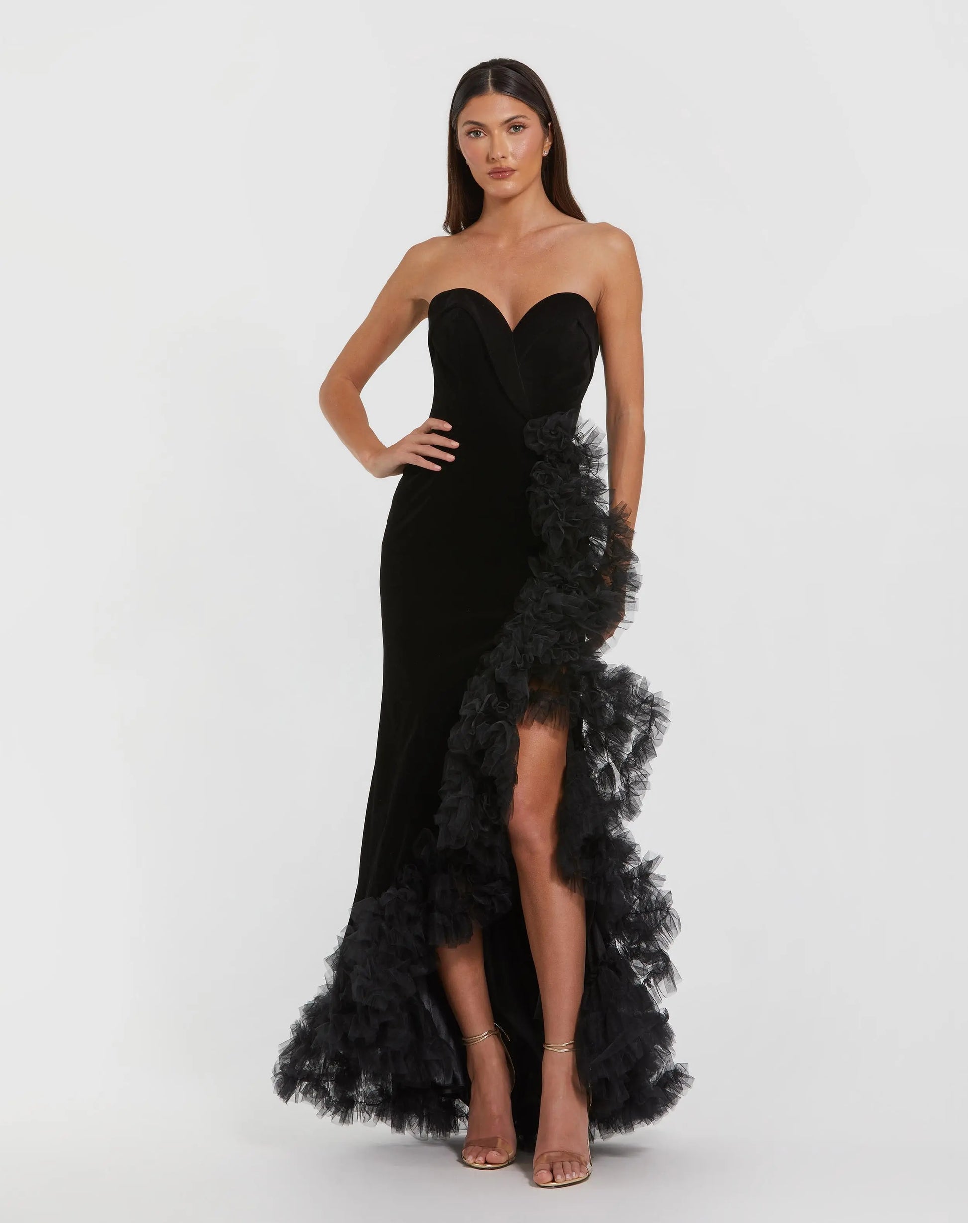 Black Strapless Velvet Mermaid Gown with Ruffle Slit - Mac Duggal
