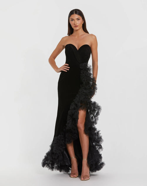 Black Strapless Velvet Mermaid Gown with Ruffle Slit - Mac Duggal