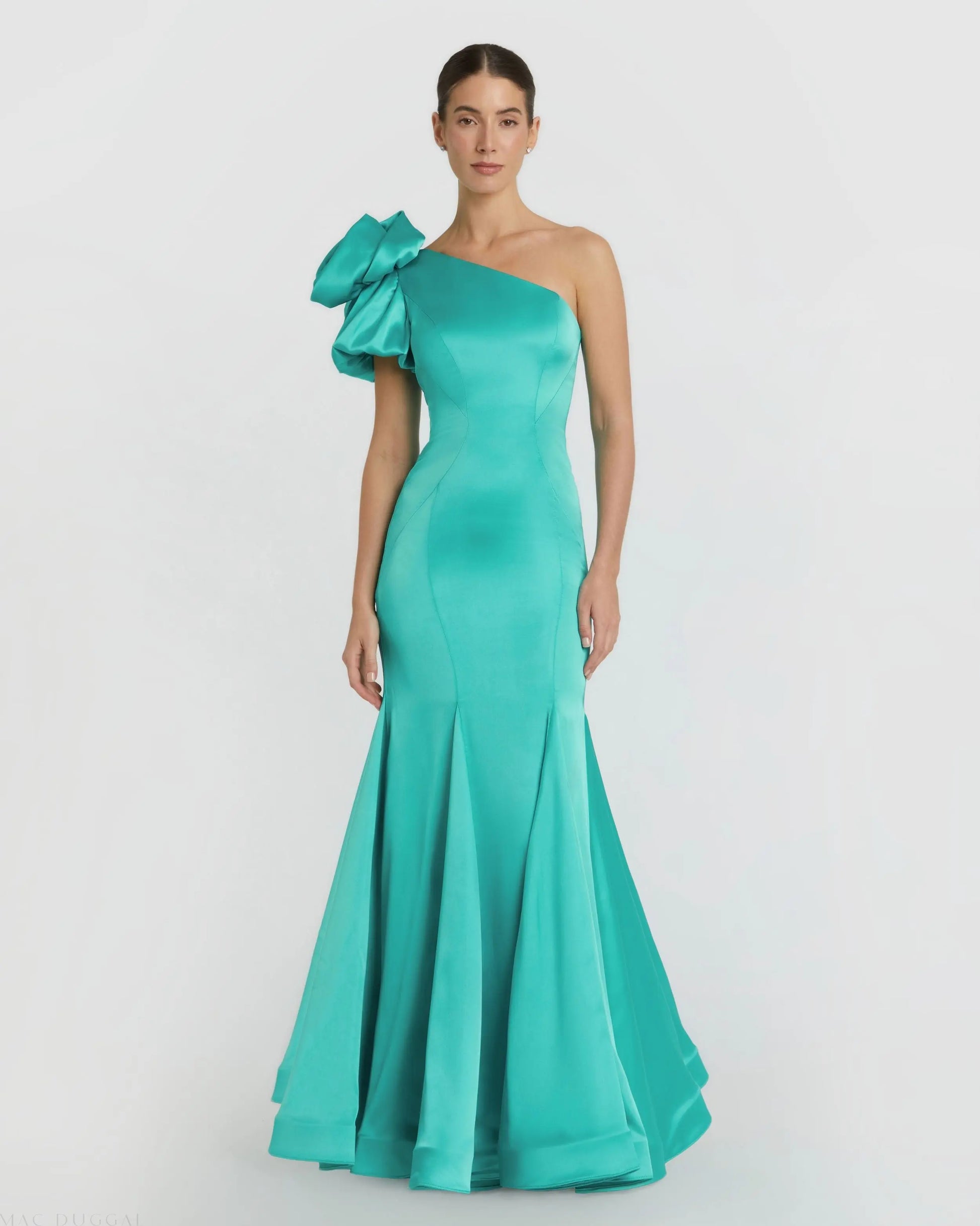 Green One Shoulder Bustier Satin Mermaid Gown | Mac Duggal Green One Shoulder Bustier Satin Mermaid Gown | Mac Duggal