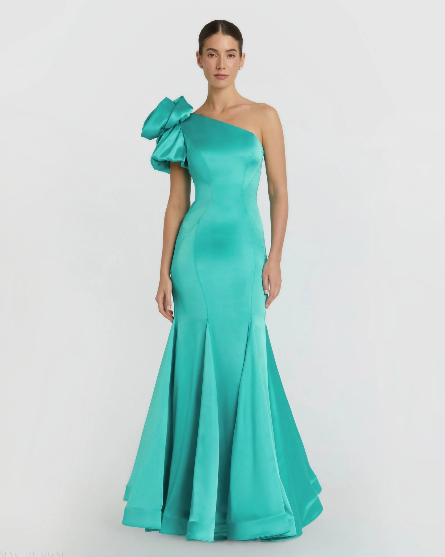 Green One Shoulder Bustier Satin Mermaid Gown Mac Duggal