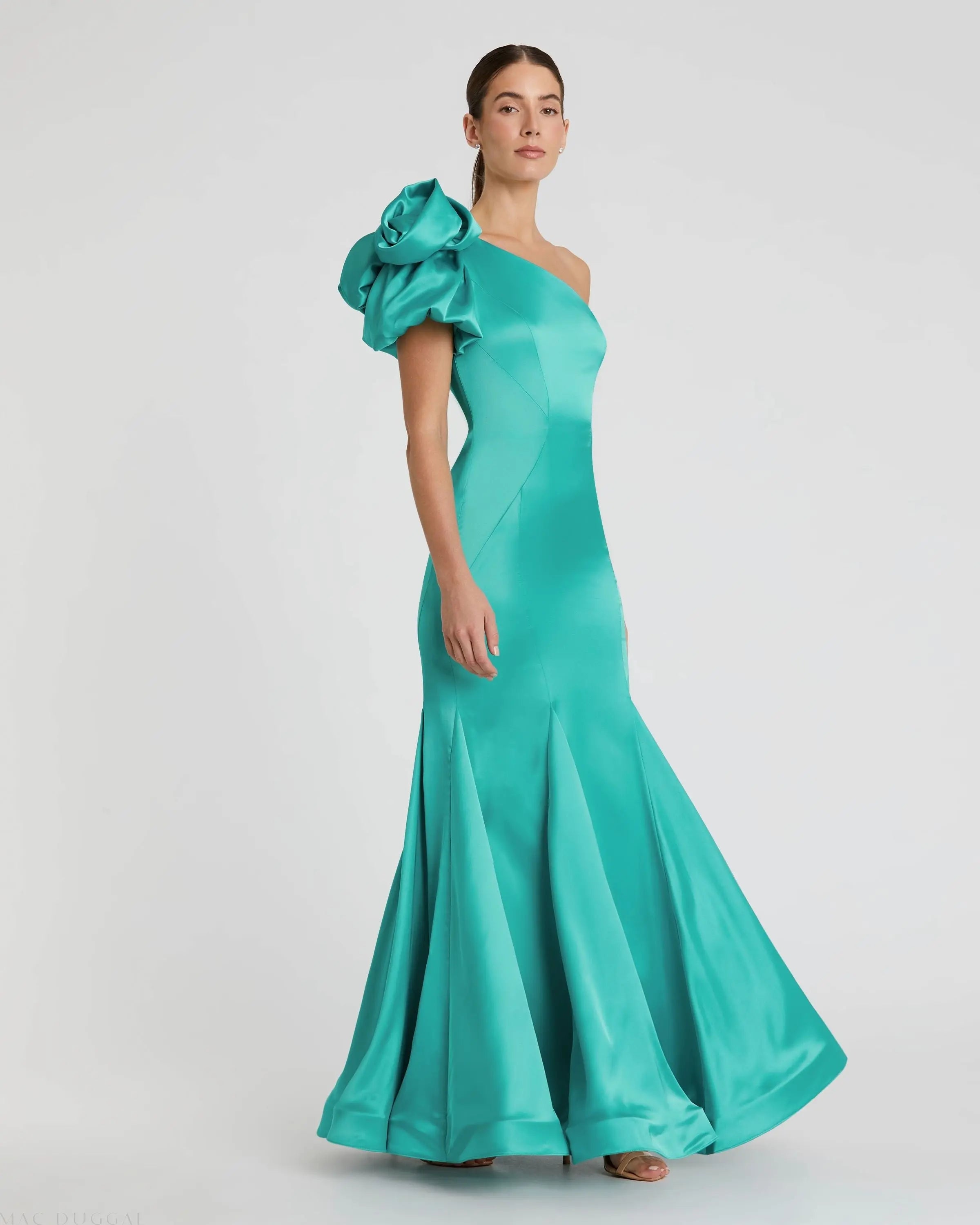 Green One Shoulder Bustier Satin Mermaid Gown - Mac Duggal