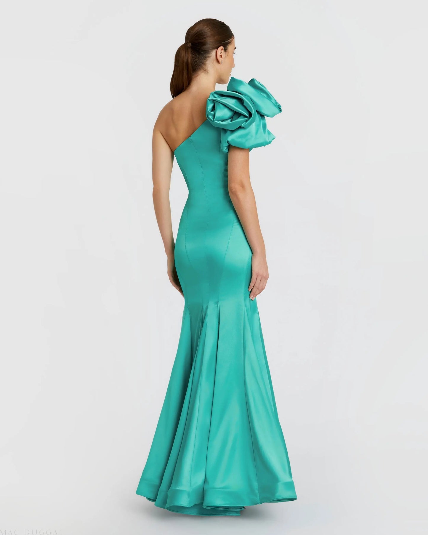 Green One Shoulder Bustier Satin Mermaid Gown Mac Duggal