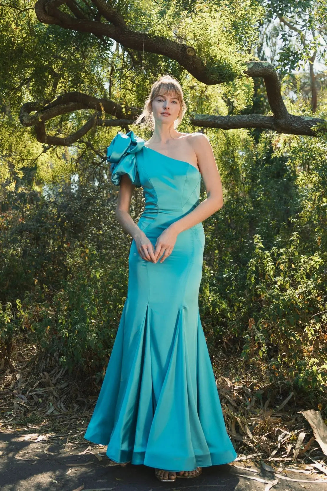 Green One Shoulder Bustier Satin Mermaid Gown | Mac Duggal Green One Shoulder Bustier Satin Mermaid Gown | Mac Duggal