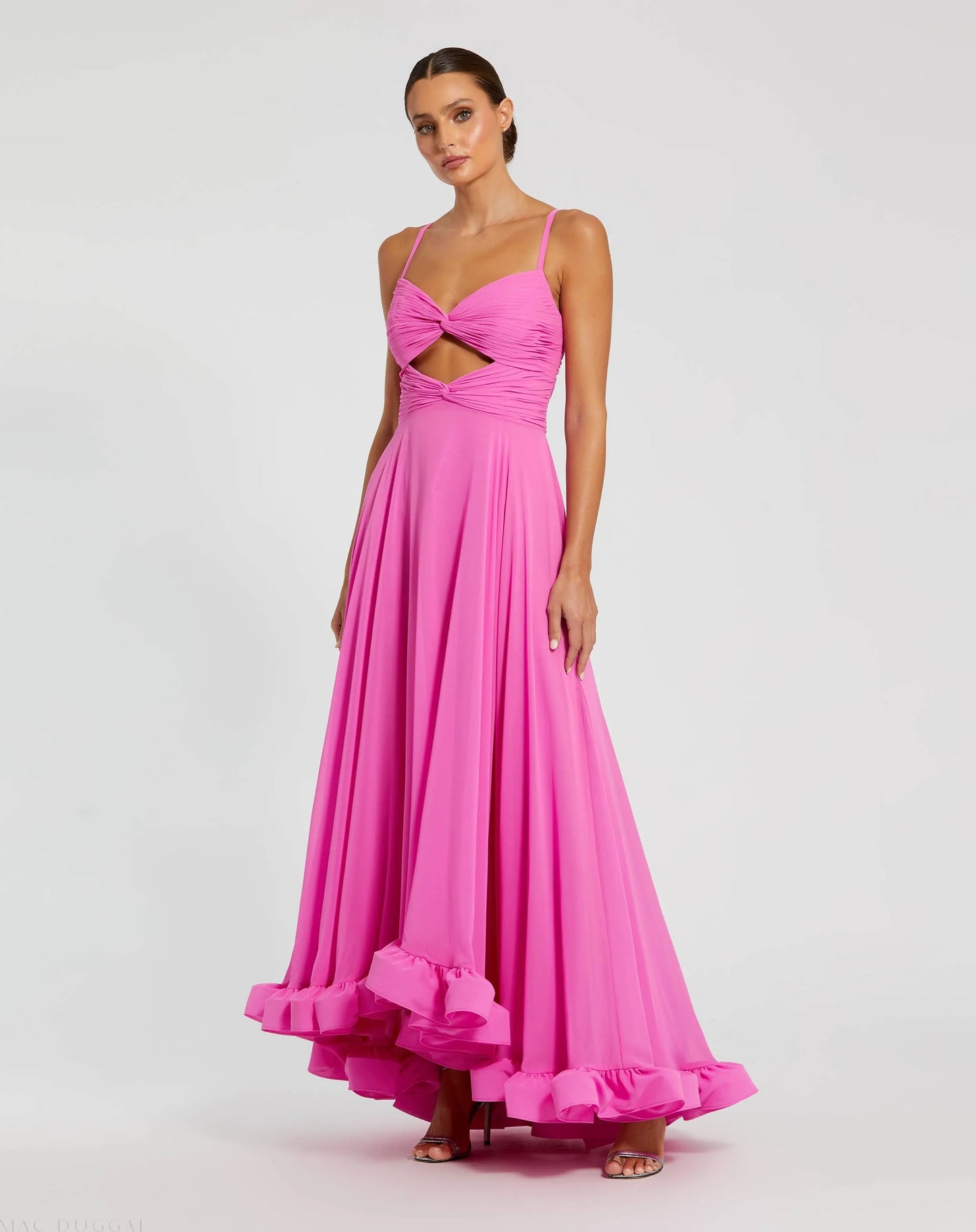 Pink Spaghetti Strap Chiffon Sweetheart High Low Gown | Mac Duggal Pink Spaghetti Strap Chiffon Sweetheart High Low Gown | Mac Duggal