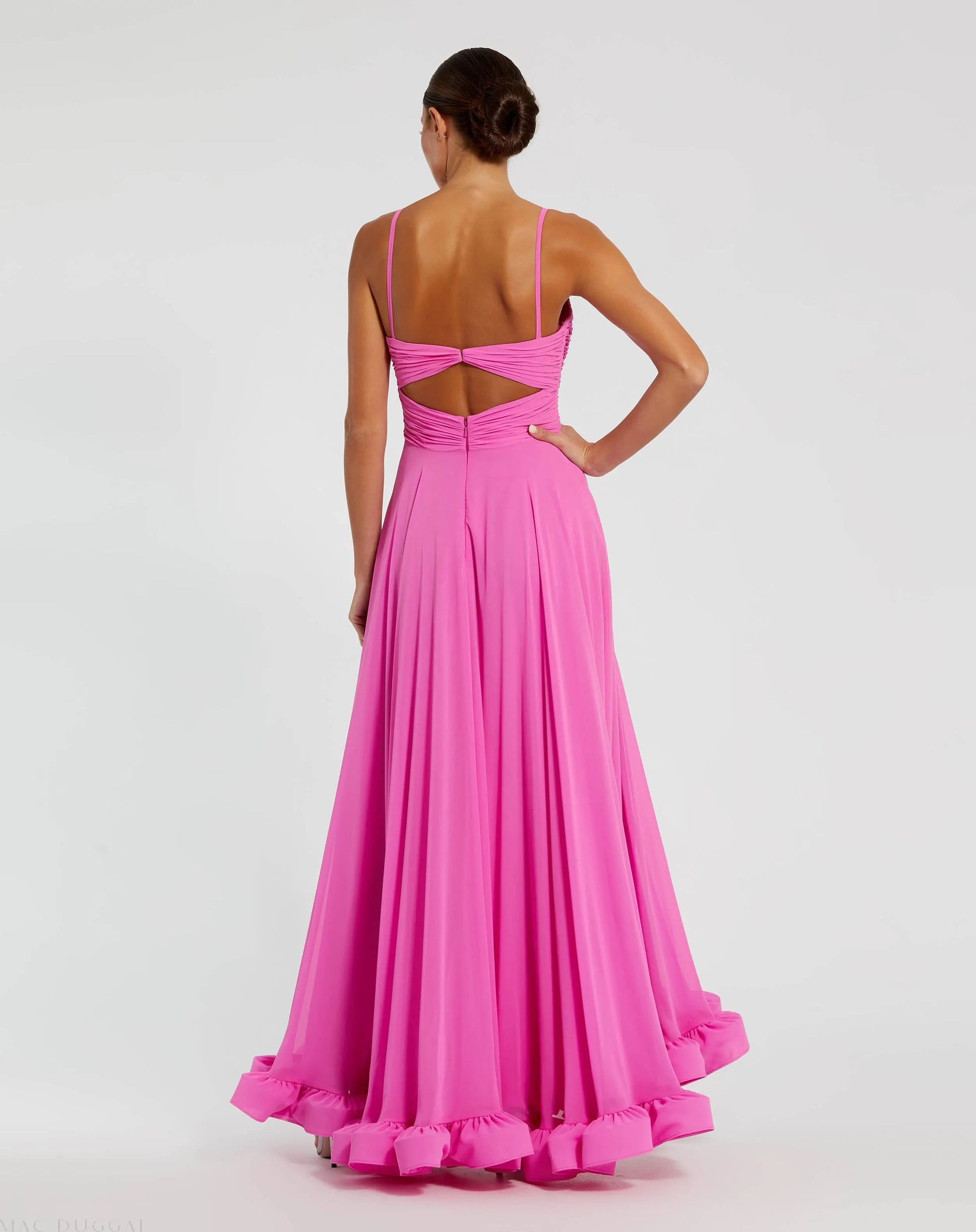 Pink Spaghetti Strap Chiffon Sweetheart High Low Gown | Mac Duggal Pink Spaghetti Strap Chiffon Sweetheart High Low Gown | Mac Duggal