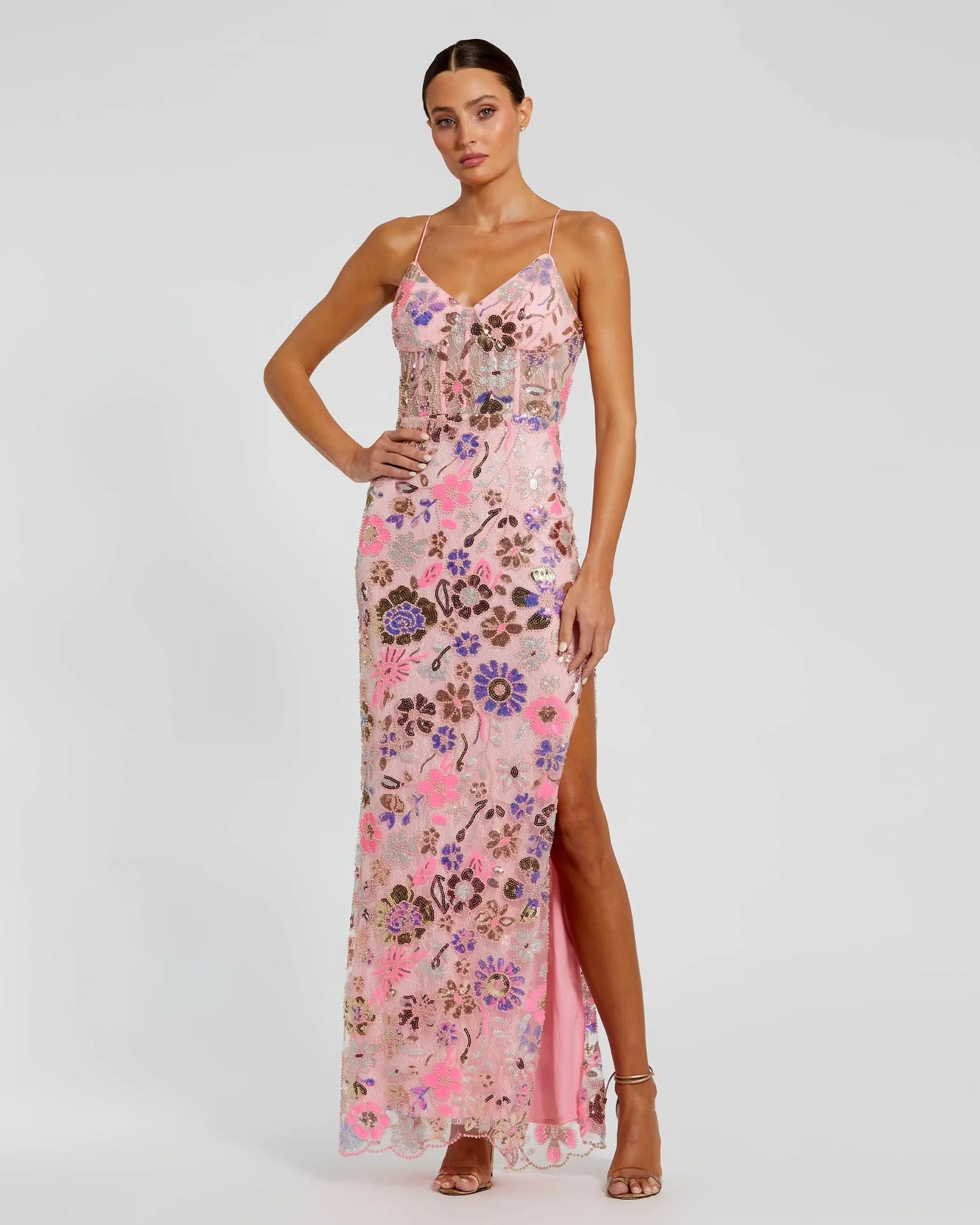 Mac Duggal Embroided Mesh Column Pastel Pink Prom Dress Mac Duggal Embroided Mesh Column Pastel Pink Prom Dress