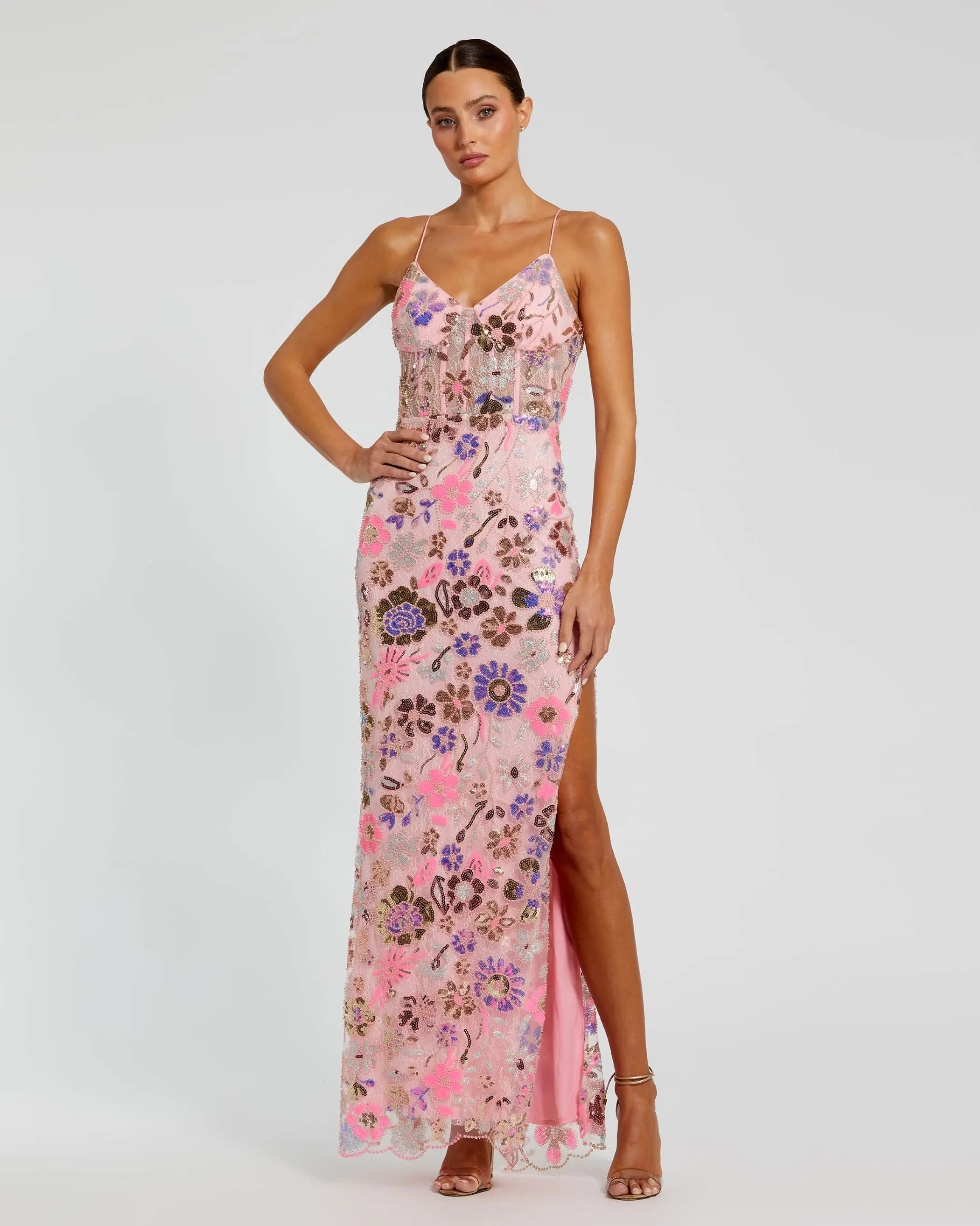 Pink Spaghetti Strap Bustier Applique Gown with Slit - Mac Duggal