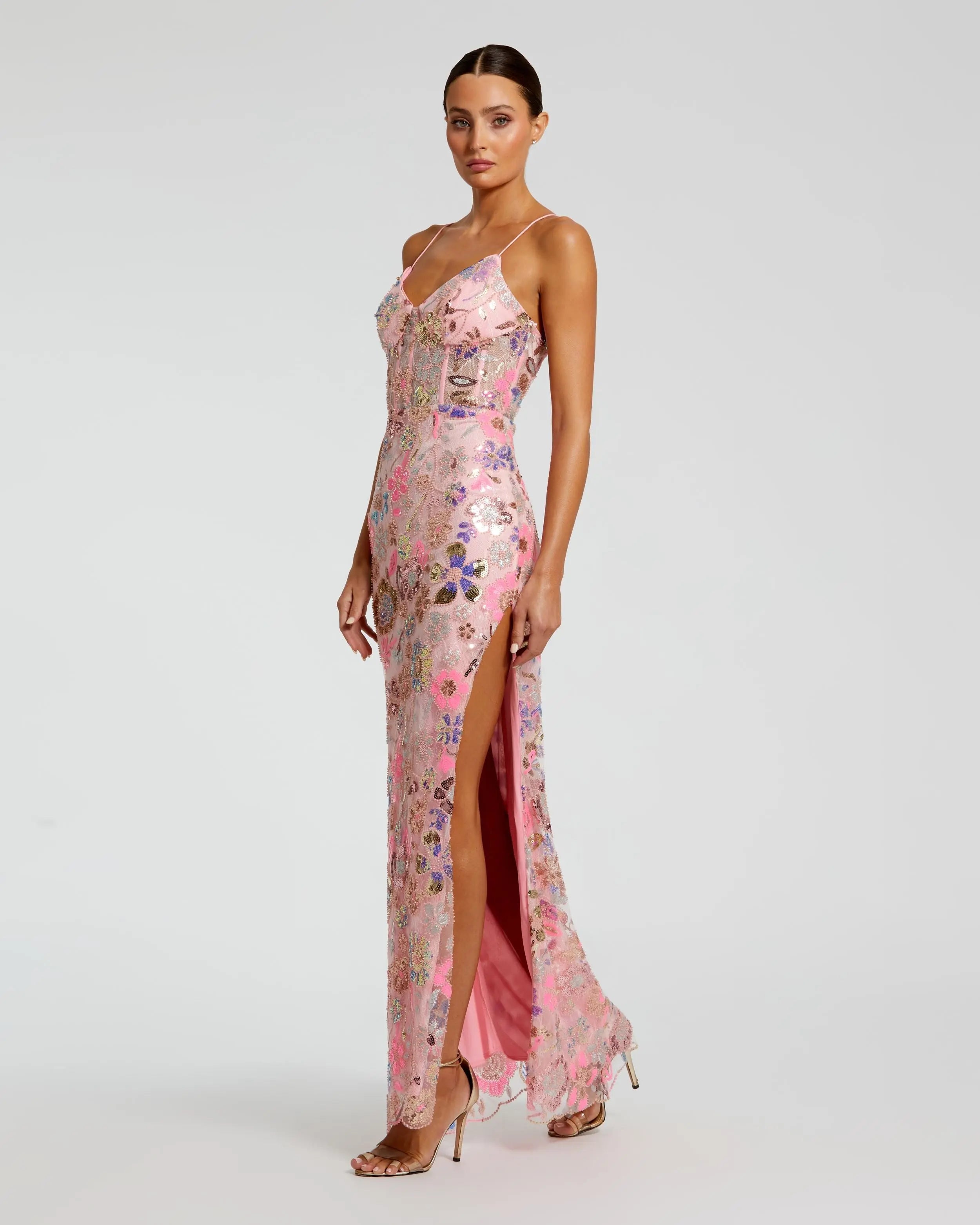 Pink Spaghetti Strap Bustier Applique Gown with Slit - Mac Duggal