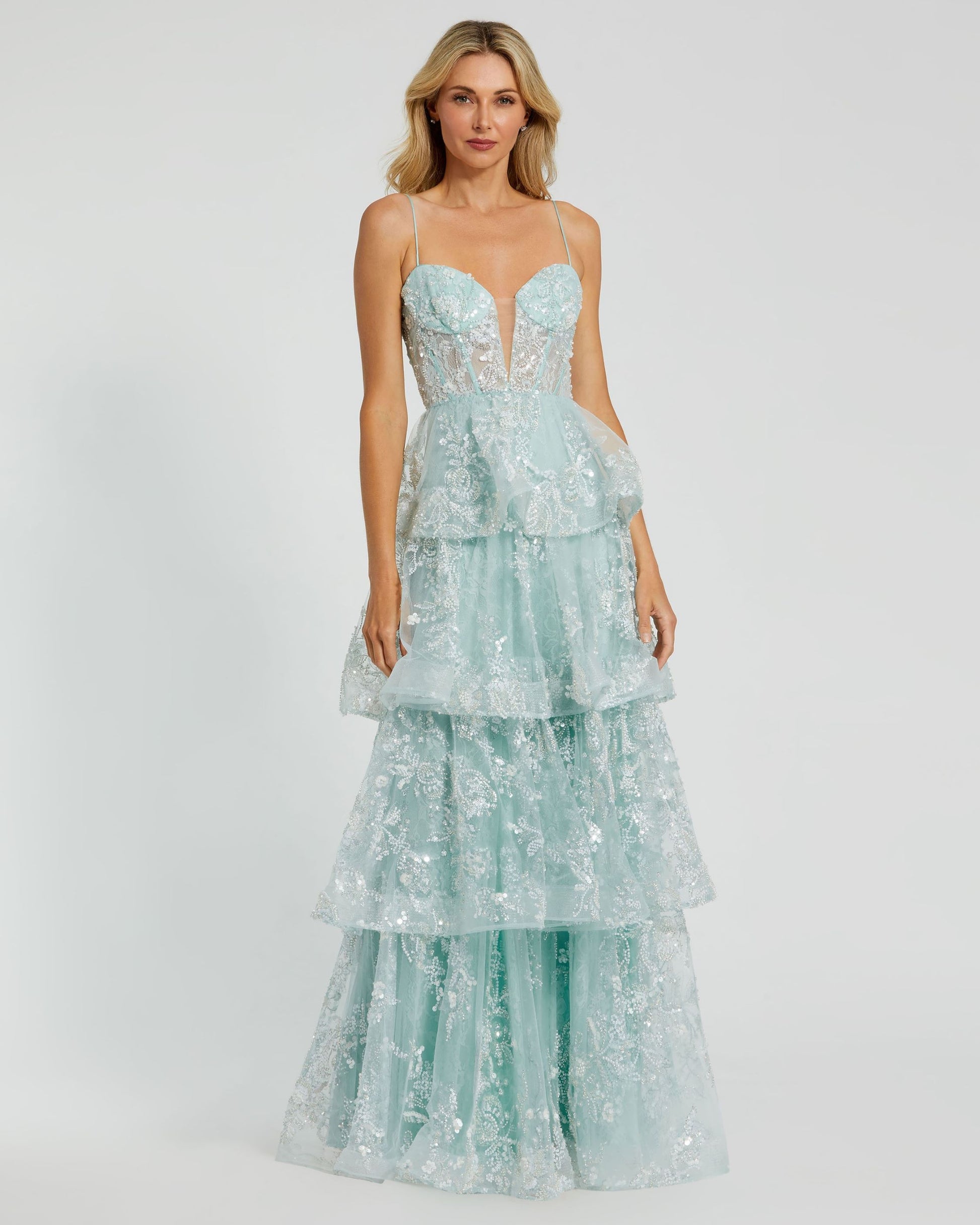 Spaghetti Strap Applique Tiered Ruffle Gown