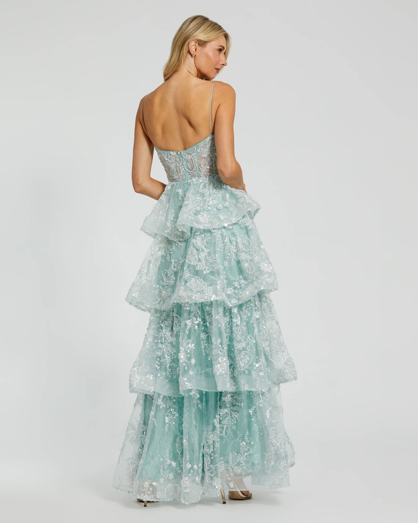 Spaghetti Strap Applique Tiered Ruffle Gown